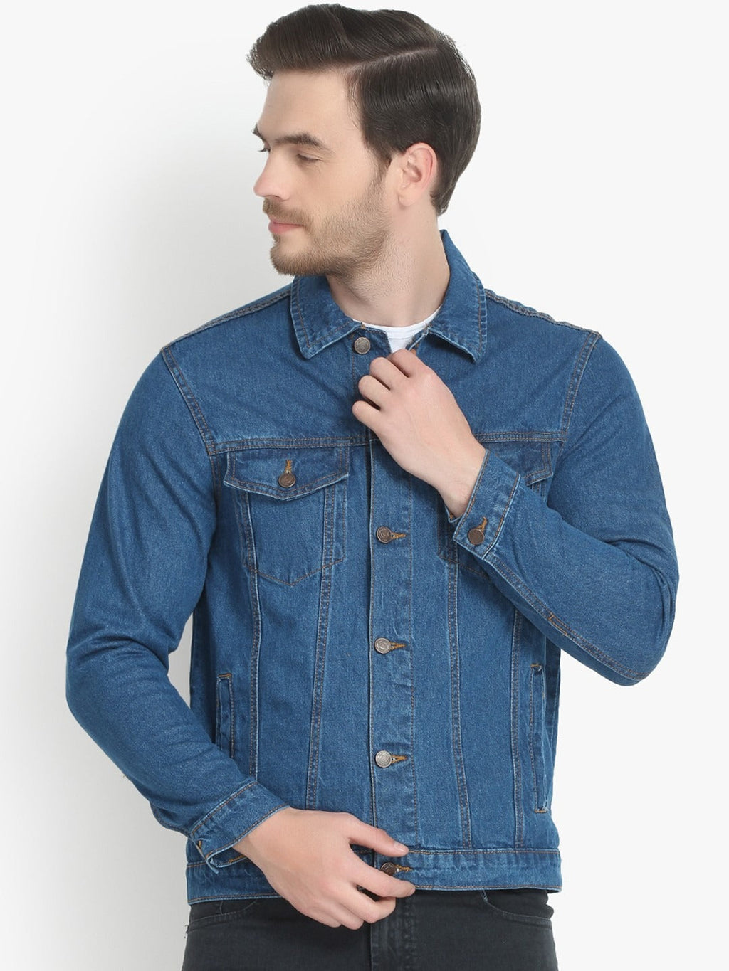 Men Blue Solid Denim Jacket – Breathable All-Season Streetwear for Pakistan | PARINDA