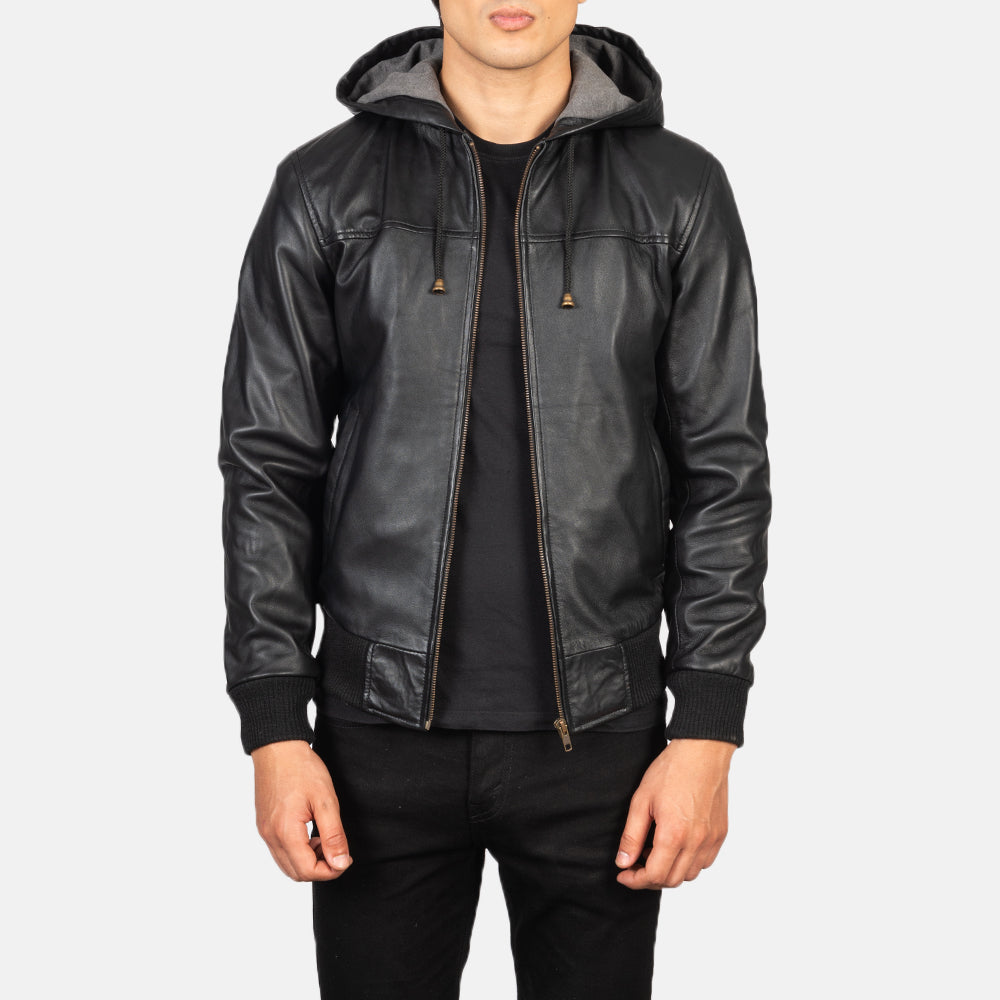 PRINDA Black Hooded Leather Bomber Jacket