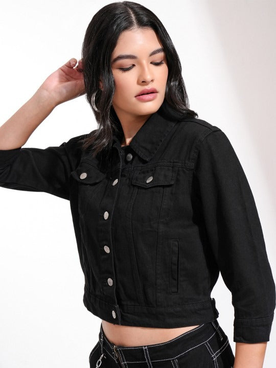 Women Black Solid Denim Jacket for Pakistani Winters & Everyday Style | PARINDA