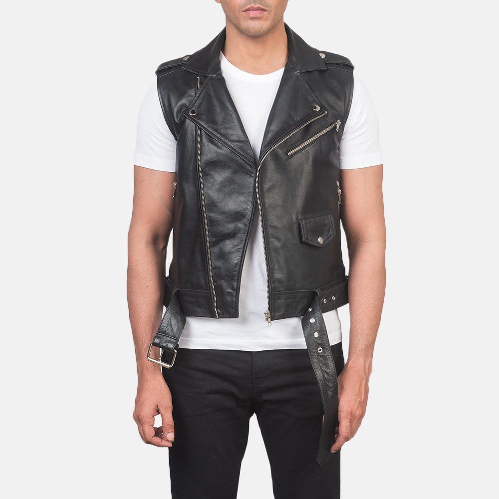PRINDA Black Genuine Leather Biker Vest