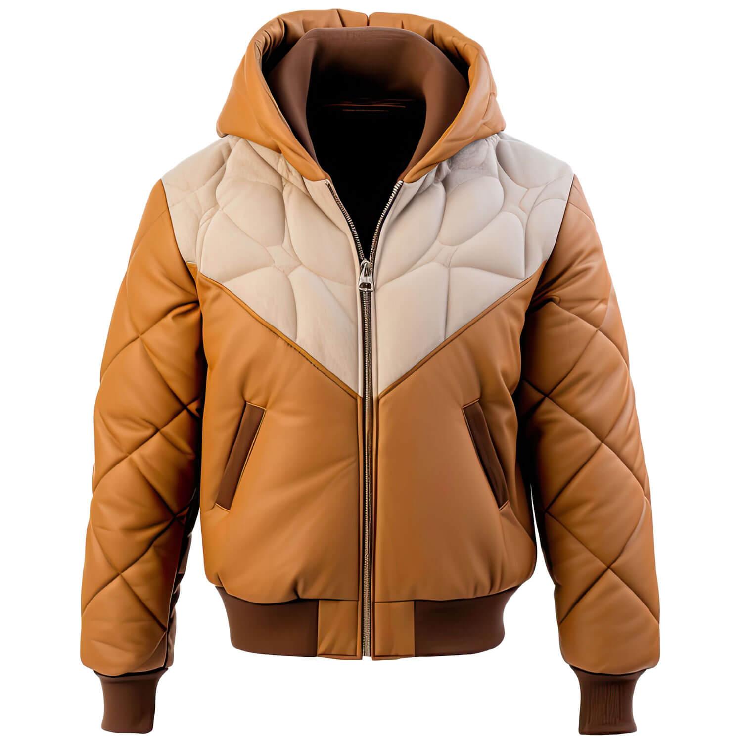 Men's Brown Beige Genuine Sheepskin Hooded Zip-up Puffer Bomber Casual Rib Knit Soft Leather Jacket - Front View - PRINDA