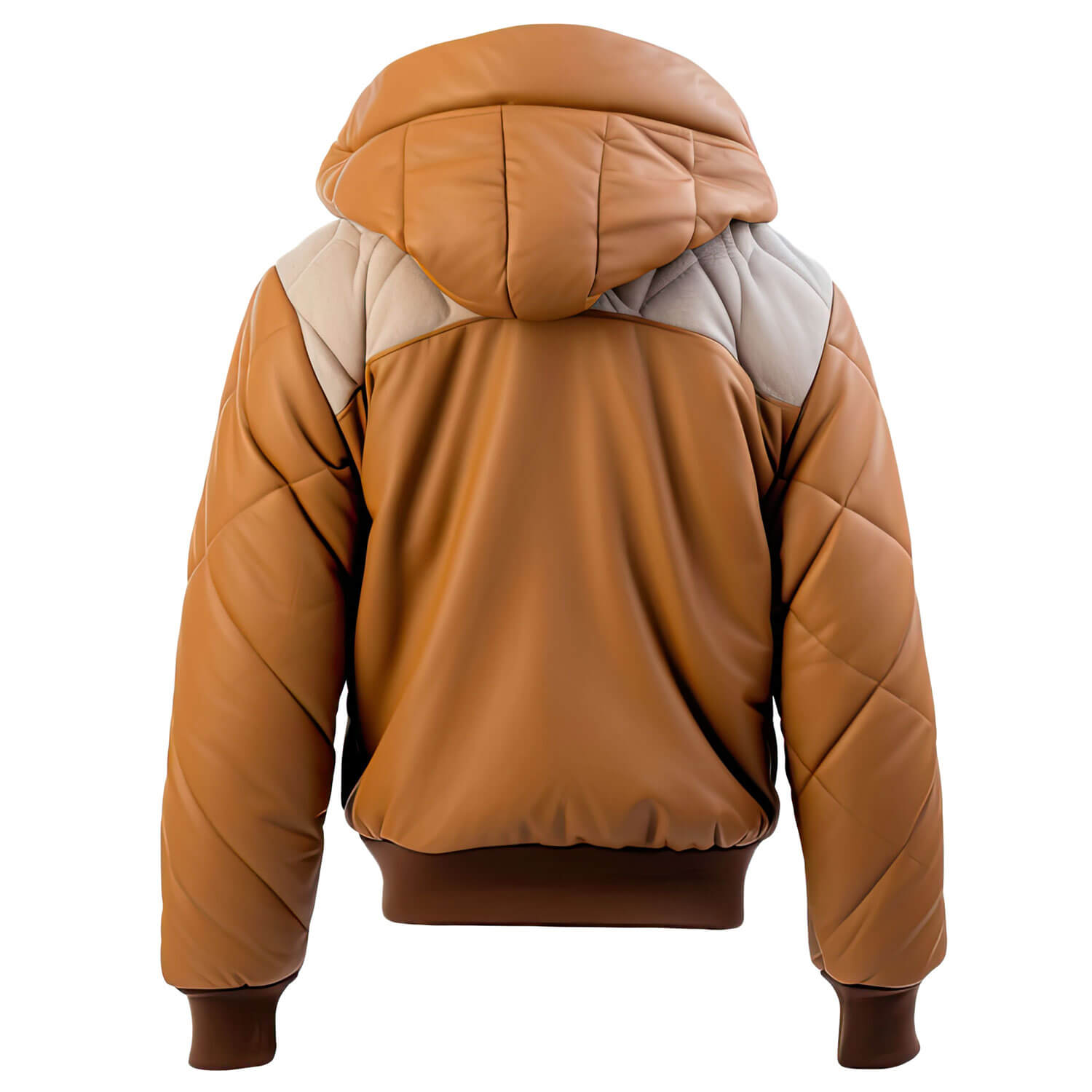 Men's Brown Beige Genuine Sheepskin Hooded Zip-up Puffer Bomber Casual Rib Knit Soft Leather Jacket - Back View - PRINDA