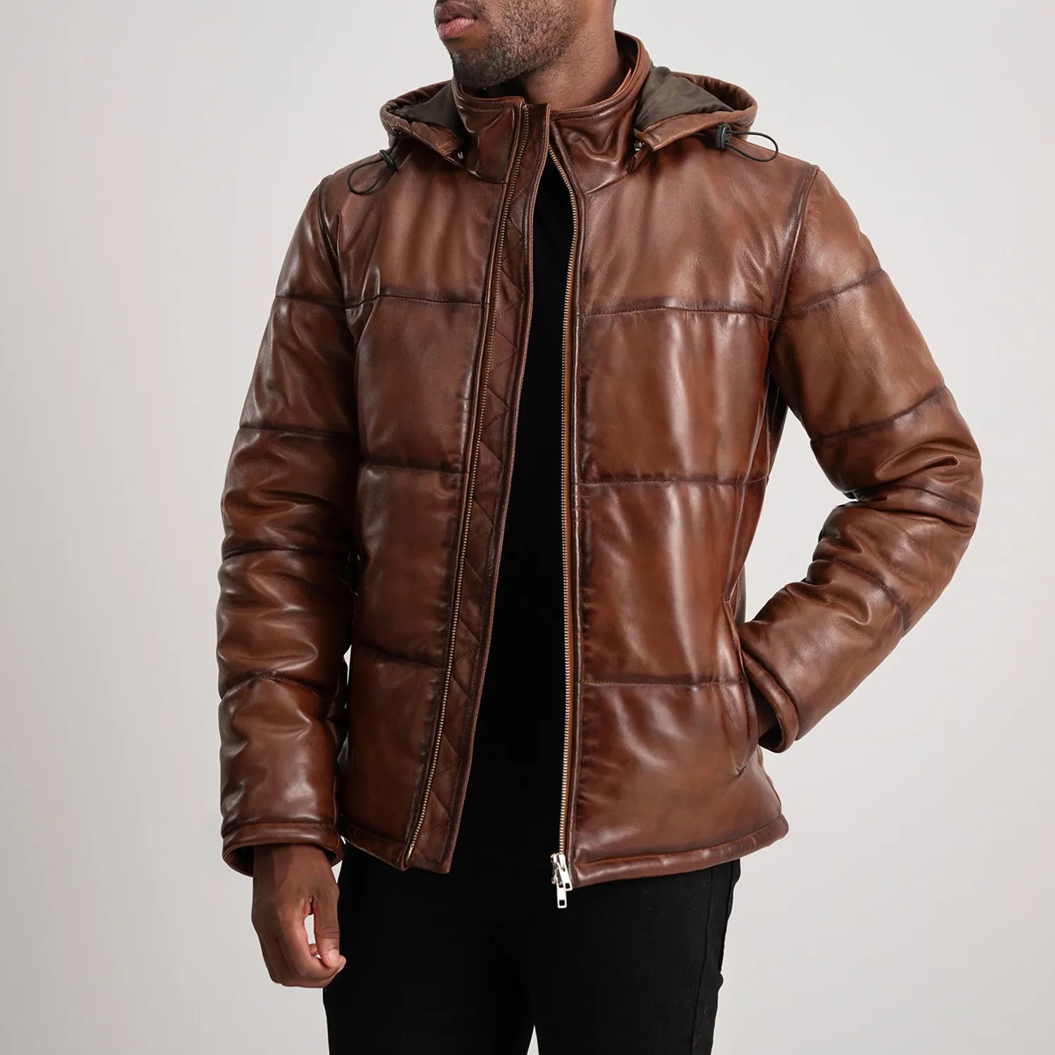 PRINDA Waxed Brown Hooded Leather Puffer Jacket