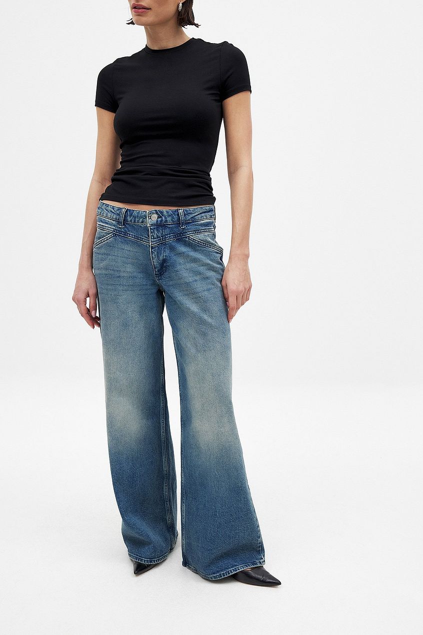 Women Low Waist Wide Leg Jeans with Seam Details – Trendy Low-Rise Baggy Denim, Structured Seams for Shape | PRINDA