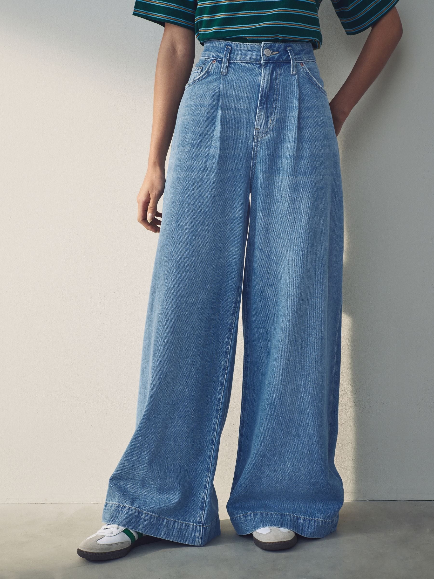 Women Mid Blue Palazzo Wide Leg 100% Cotton Jeans – Trendy Palazzo Denim for Pakistani Women | PRINDA