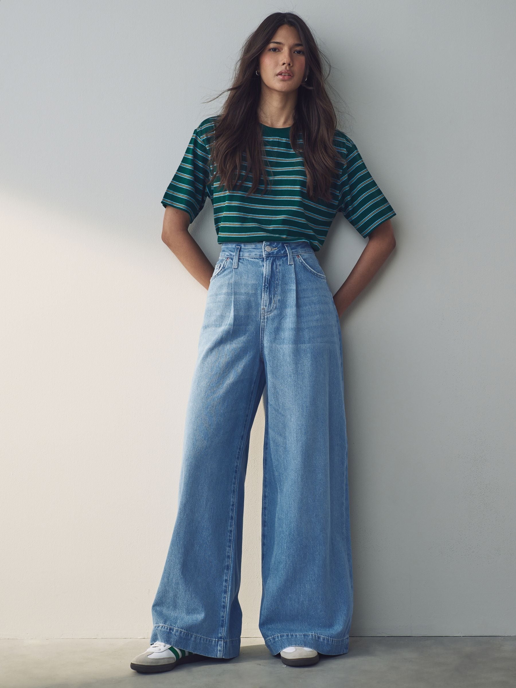 Women Mid Blue Palazzo Wide Leg 100% Cotton Jeans – Trendy Palazzo Denim for Pakistani Women | PRINDA