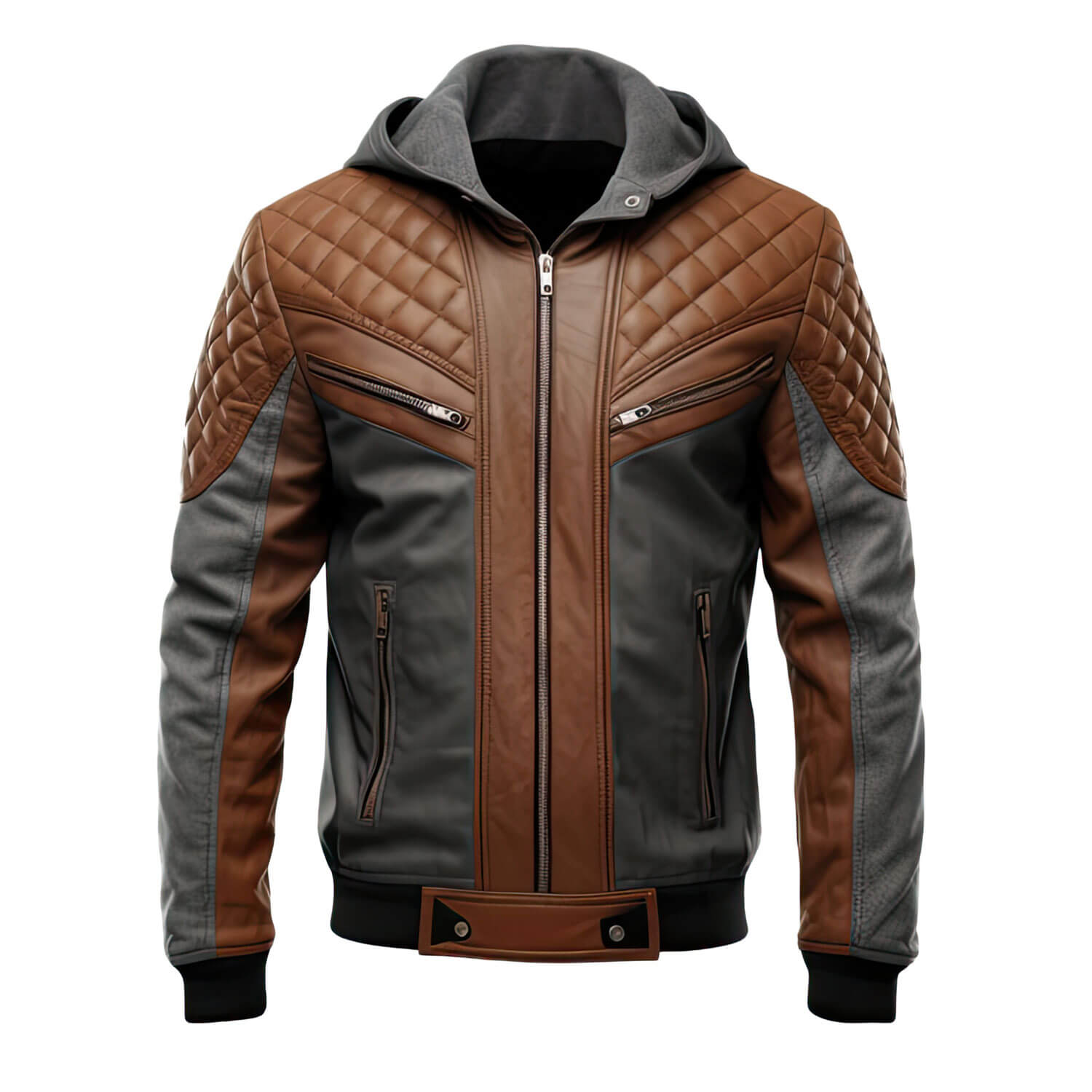 Men's Charcoal Grey Brown Genuine Sheepskin Diamond Quilted Biker Hooded Stylish Zip-Up Moto Bomber Leather Jacket - Front View - PRINDA