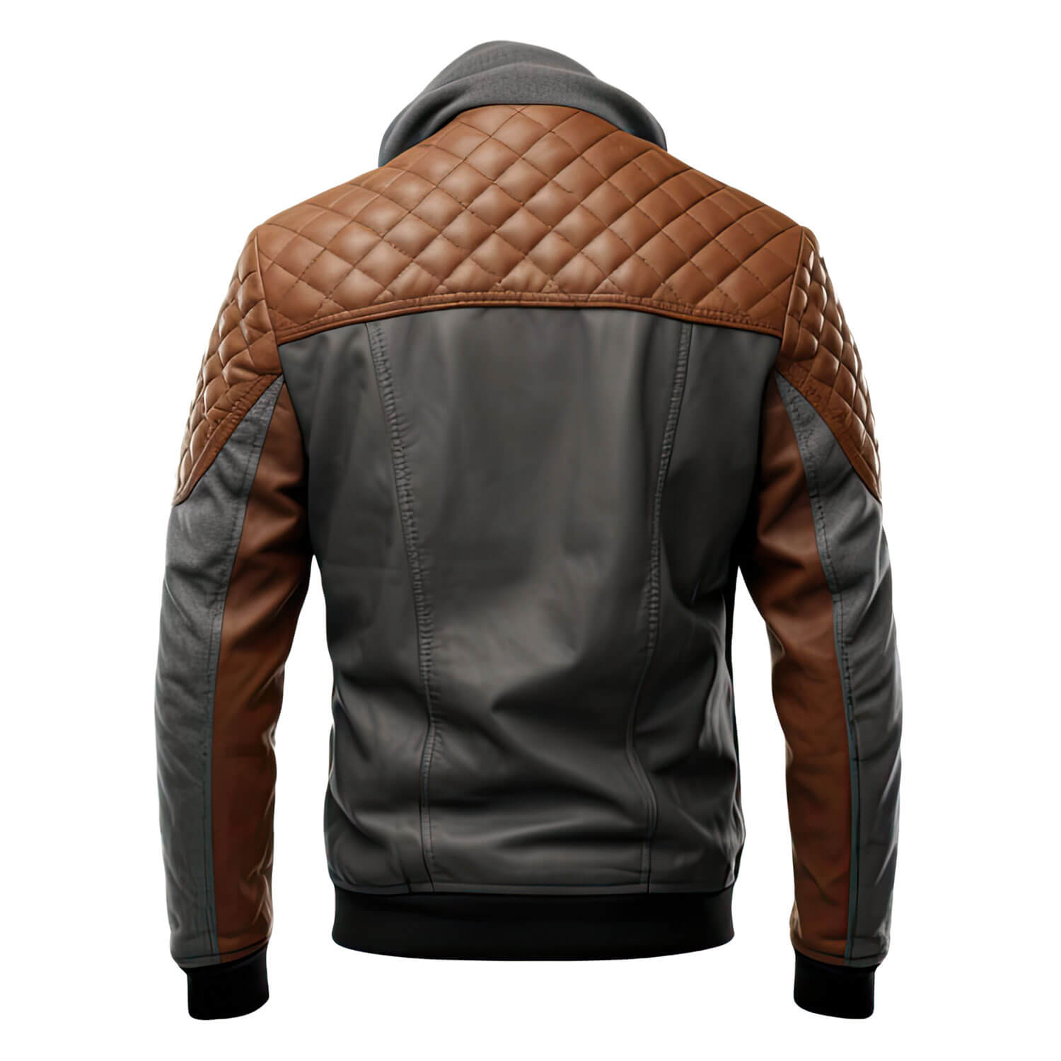 Men's Charcoal Grey Brown Genuine Sheepskin Diamond Quilted Biker Hooded Stylish Zip-Up Moto Bomber Leather Jacket - Back View - PRINDA