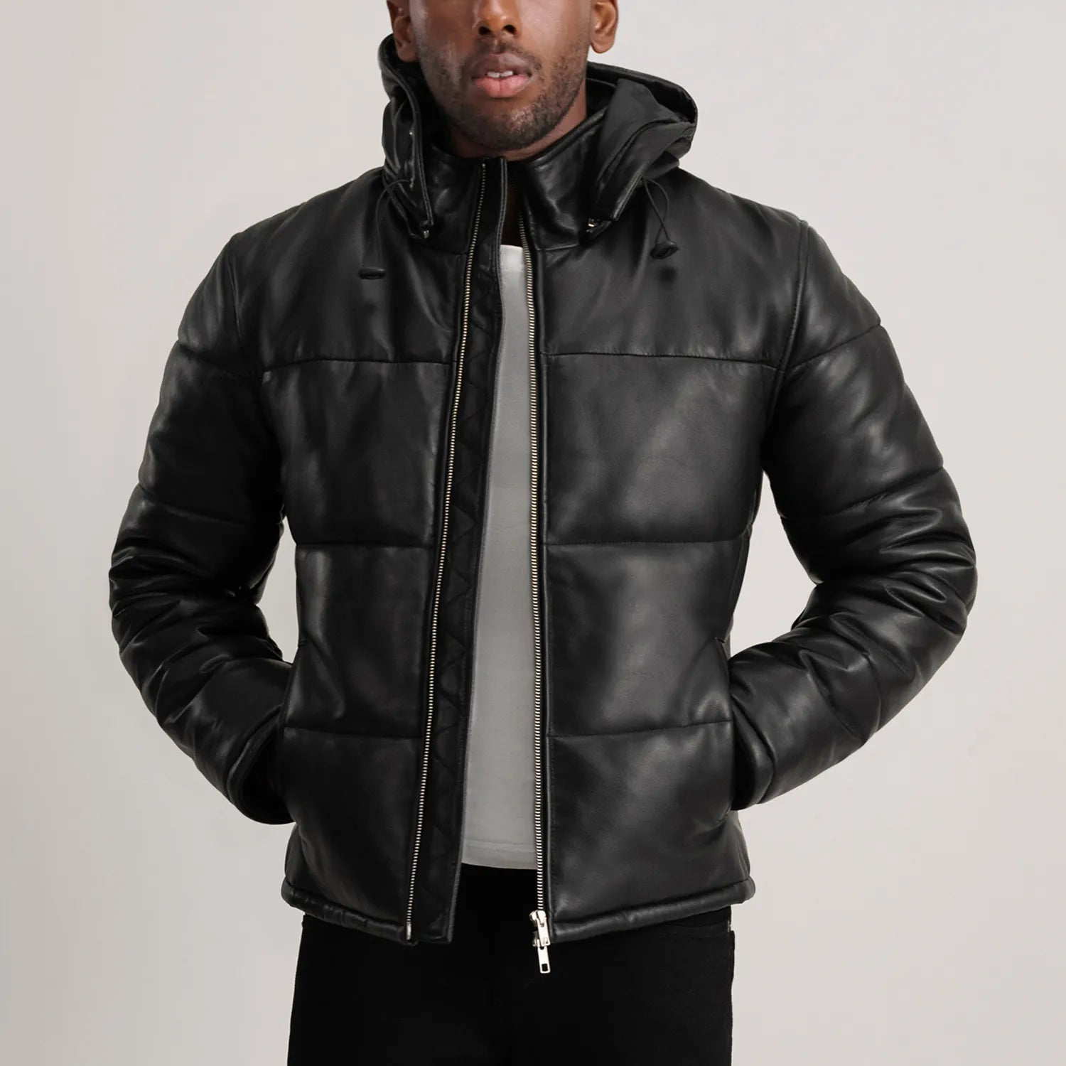 PRINDA Black Hooded Sheep Leather Puffer Jacket