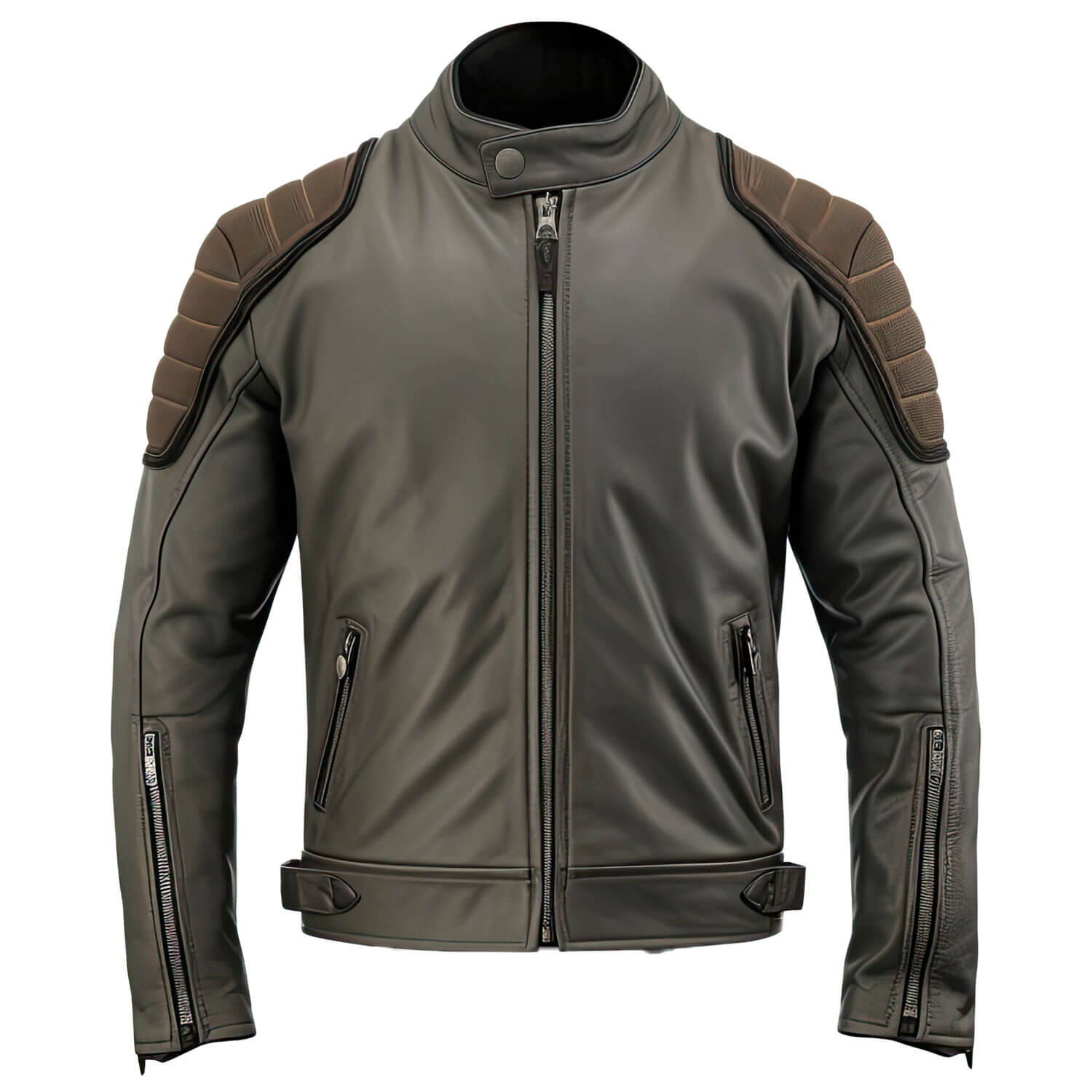 Men's Charcoal Grey Brown Genuine Sheepskin Classy Stand Collar Moto Multiple Zipper Soft Casual Café RPRINDAr Leather Jacket - Front View - PRINDA