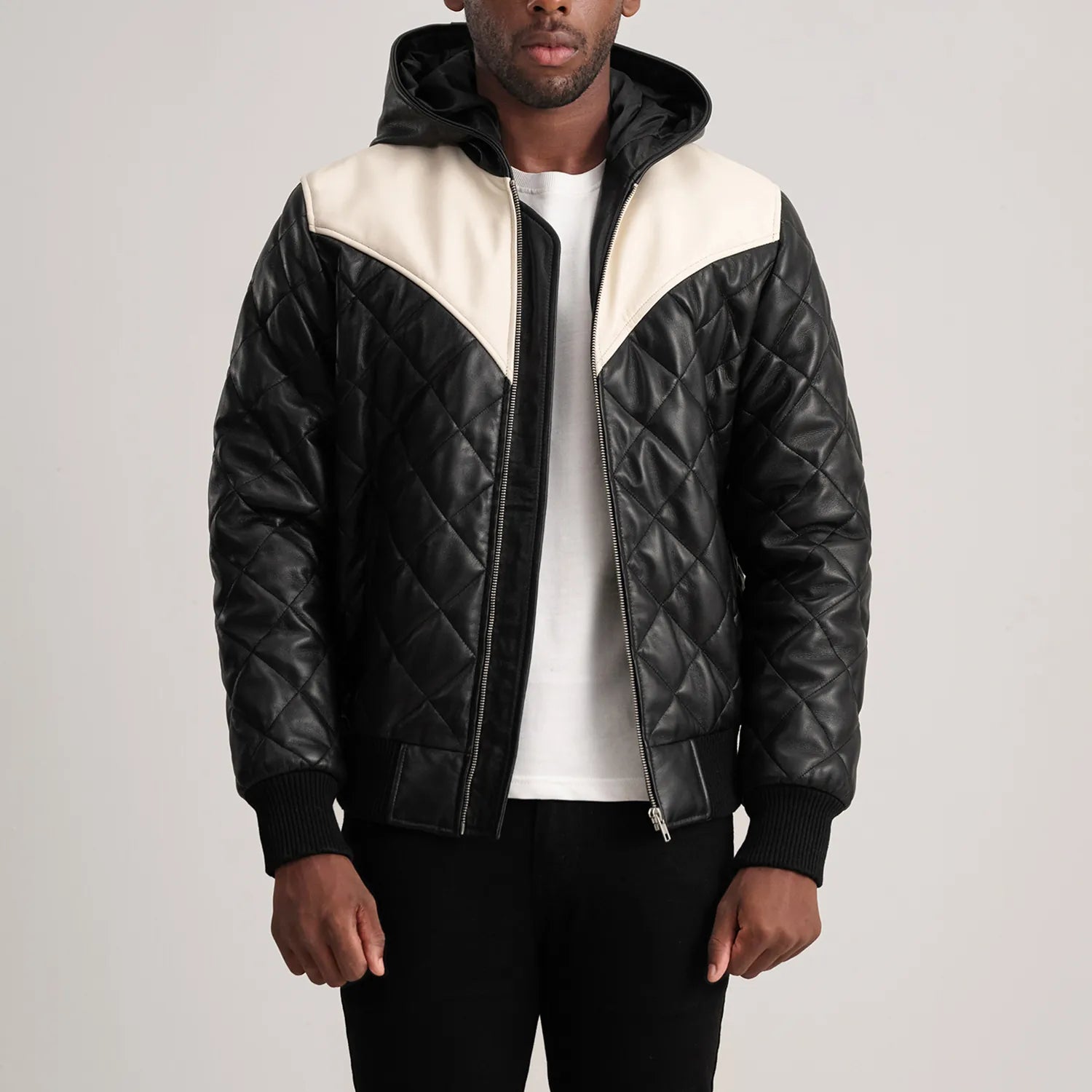 PRINDA Black-White Hooded Bomber Leather Puffer Jacket