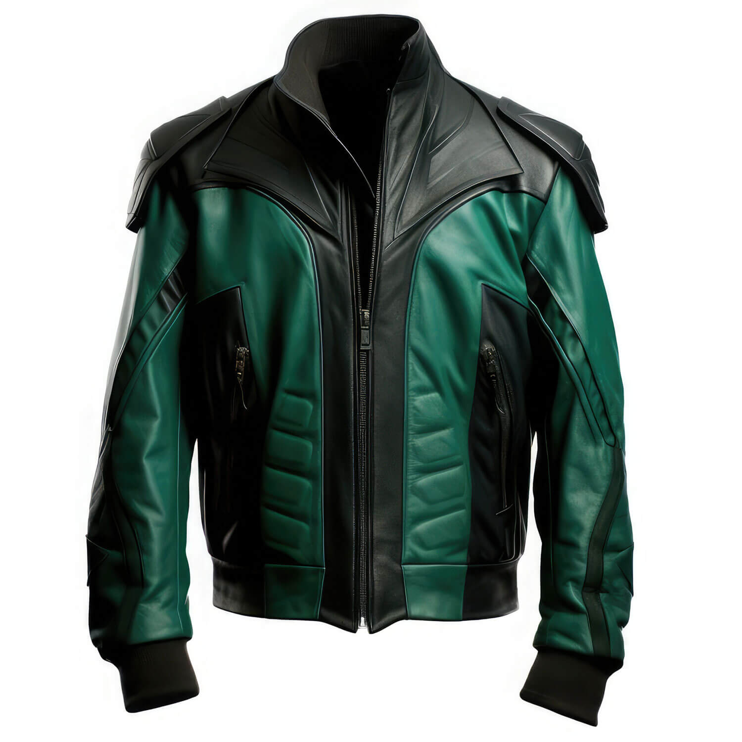 Men's Green Black Genuine Sheepskin Stand Collar Biker Racing Outfit Classy Punk Zip-up Bomber Soft Rib Knit Leather Jacket - Front View - PRINDA