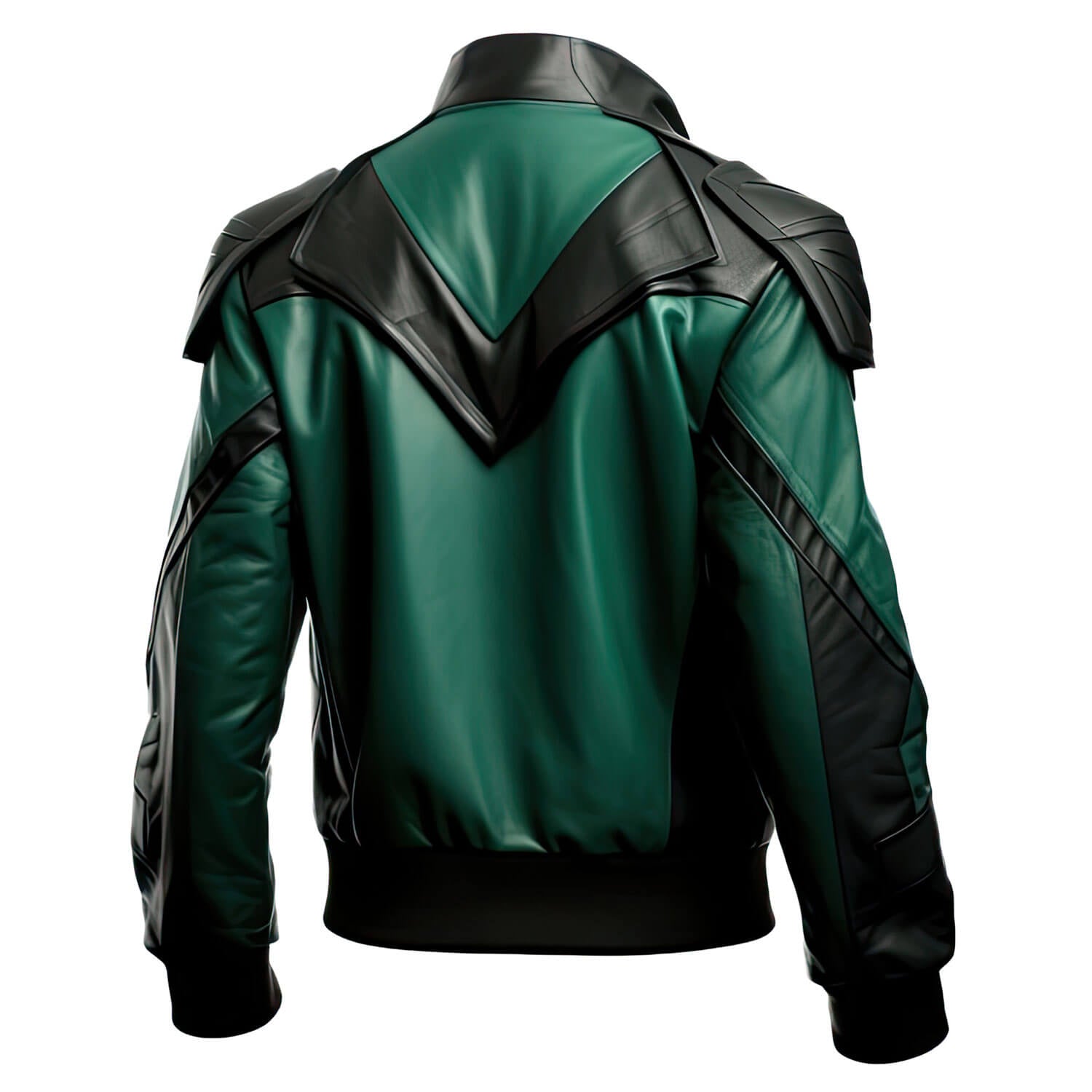 Men's Green Black Genuine Sheepskin Stand Collar Biker Racing Outfit Classy Punk Zip-up Bomber Soft Rib Knit Leather Jacket - Back View - PRINDA