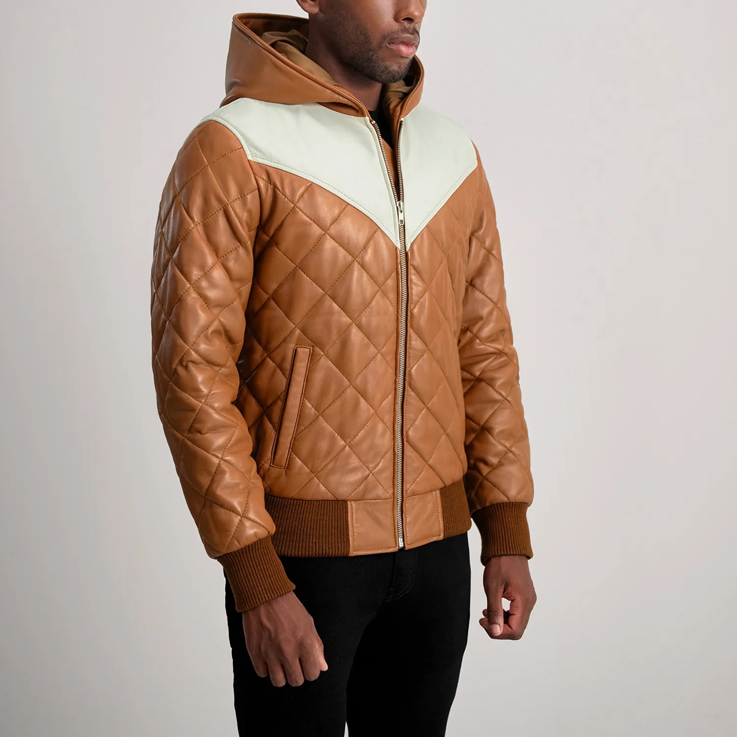 PRINDA Tan-White Hooded Bomber Leather Puffer Jacket