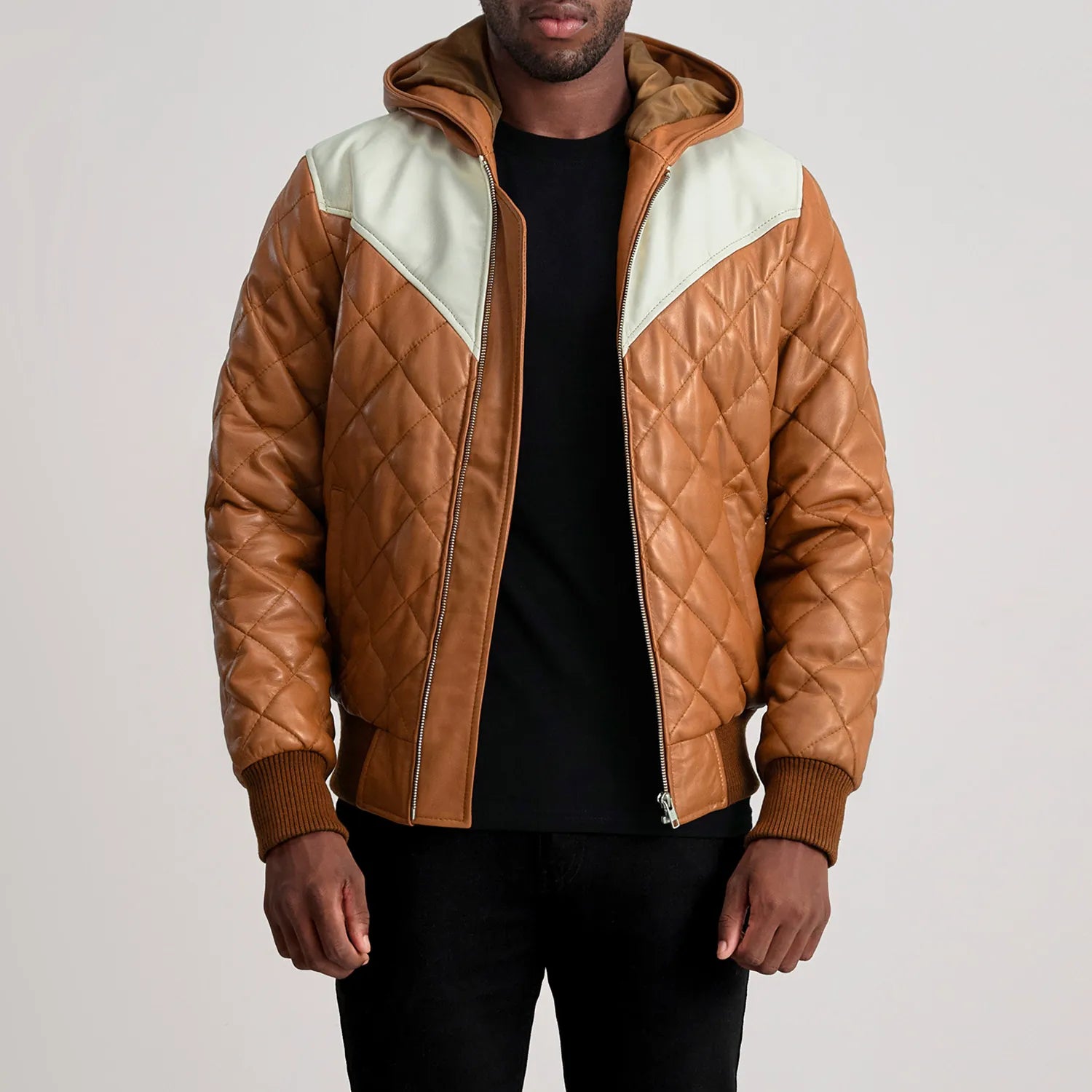 PRINDA Tan-White Hooded Bomber Leather Puffer Jacket
