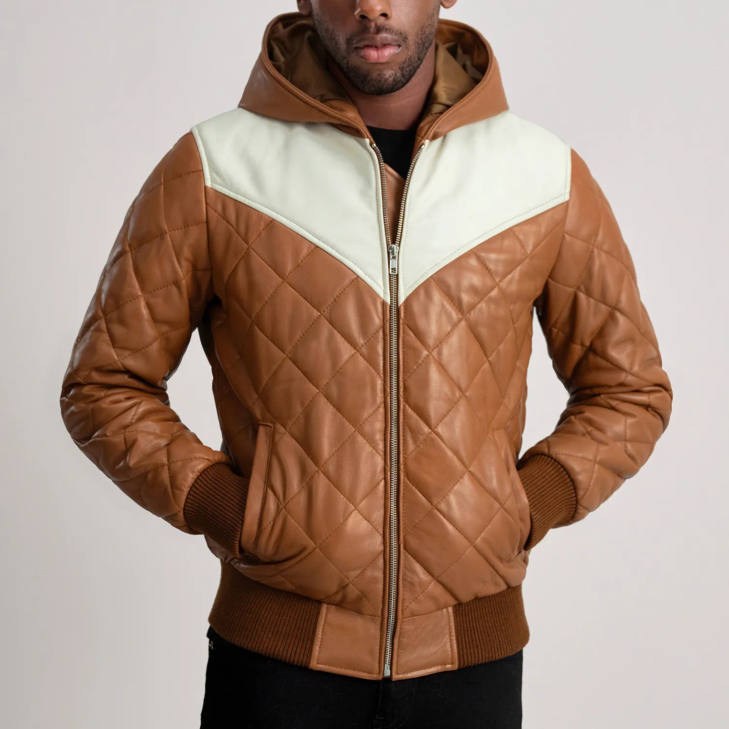 PRINDA Tan-White Hooded Bomber Leather Puffer Jacket