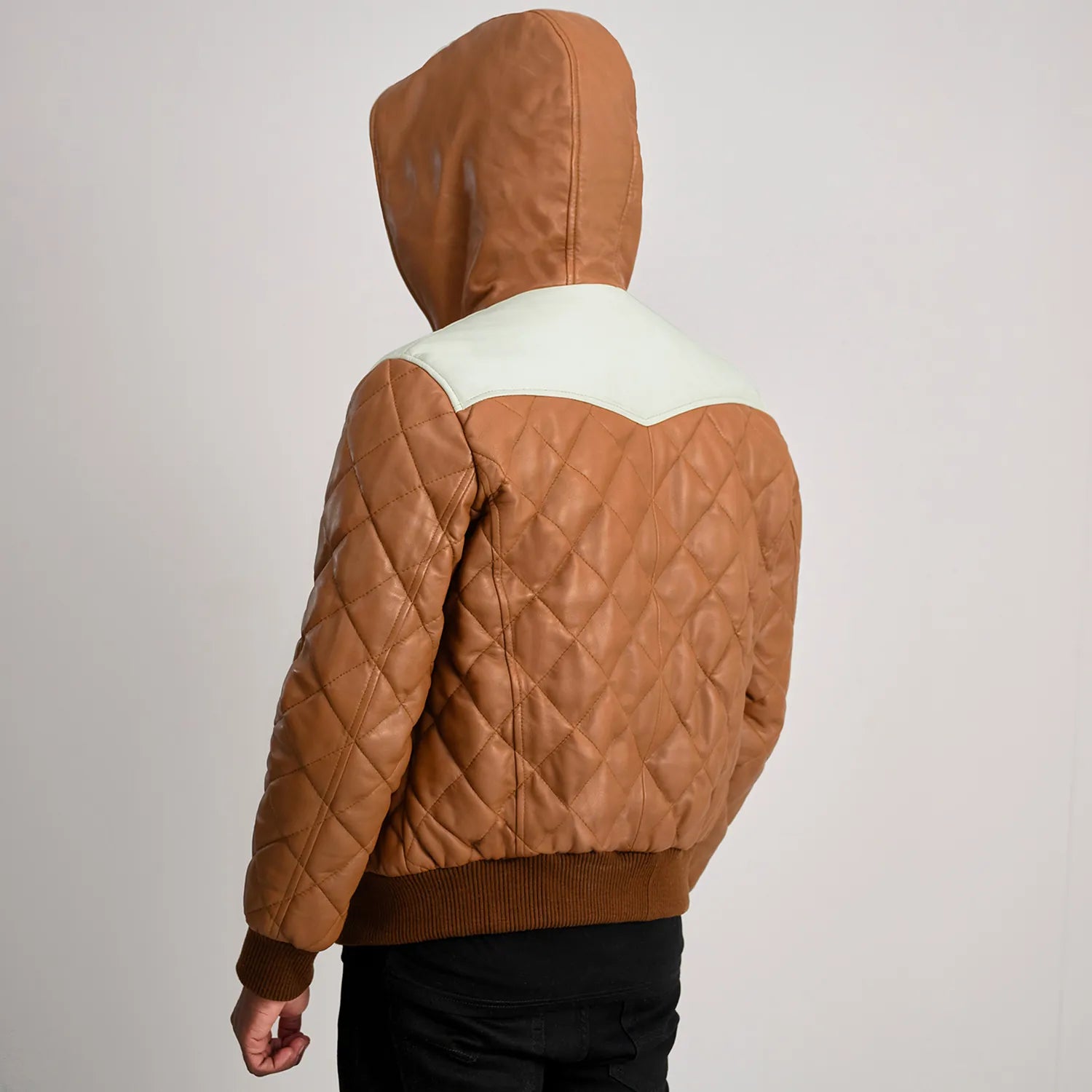 PRINDA Tan-White Hooded Bomber Leather Puffer Jacket