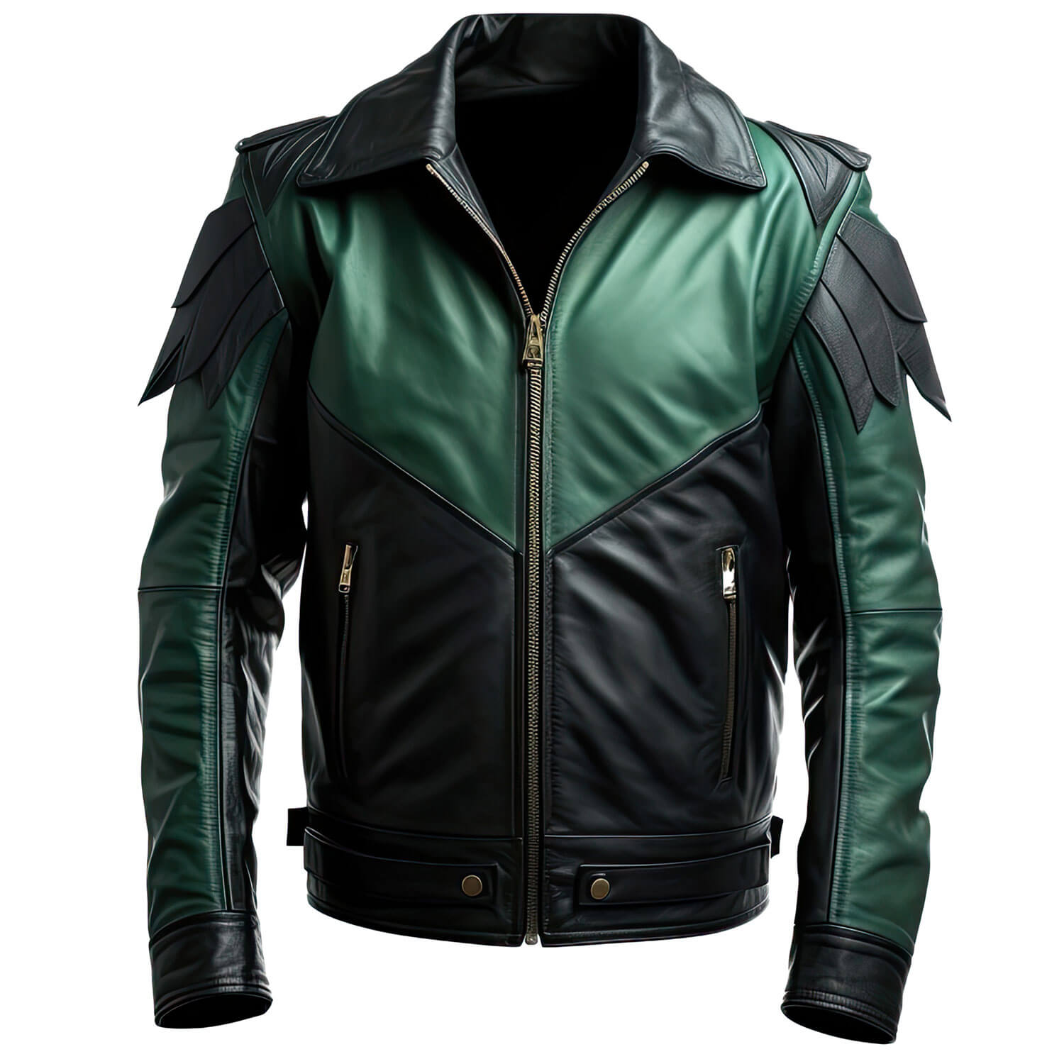 Men's Green Black Genuine Sheepskin Biker Shirt Collar Punk Zip-up Winter Lightweight Fashionable RPRINDAr Leather Jacket - Front View - PRINDA