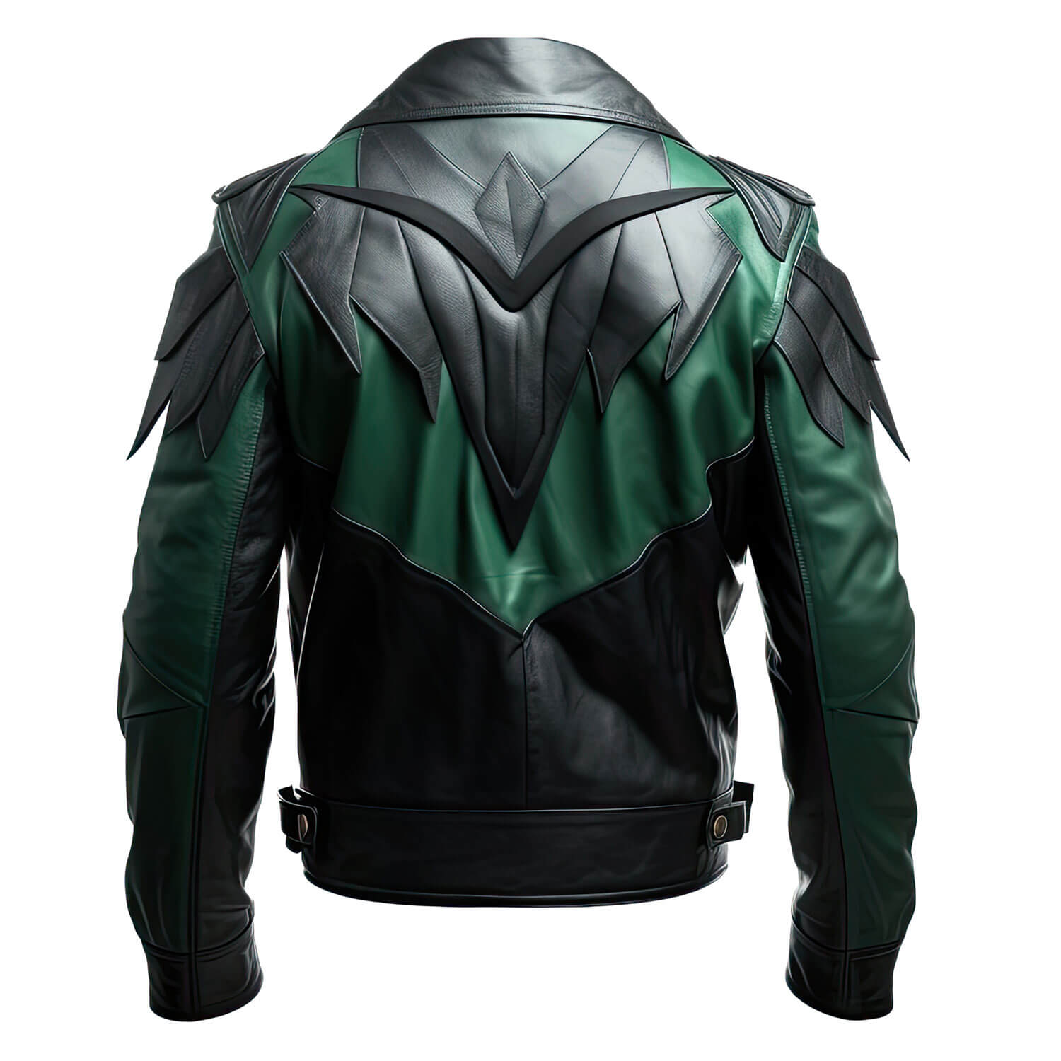 Men's Green Black Genuine Sheepskin Biker Shirt Collar Punk Zip-up Winter Lightweight Fashionable RPRINDAr Leather Jacket - Back View - PRINDA