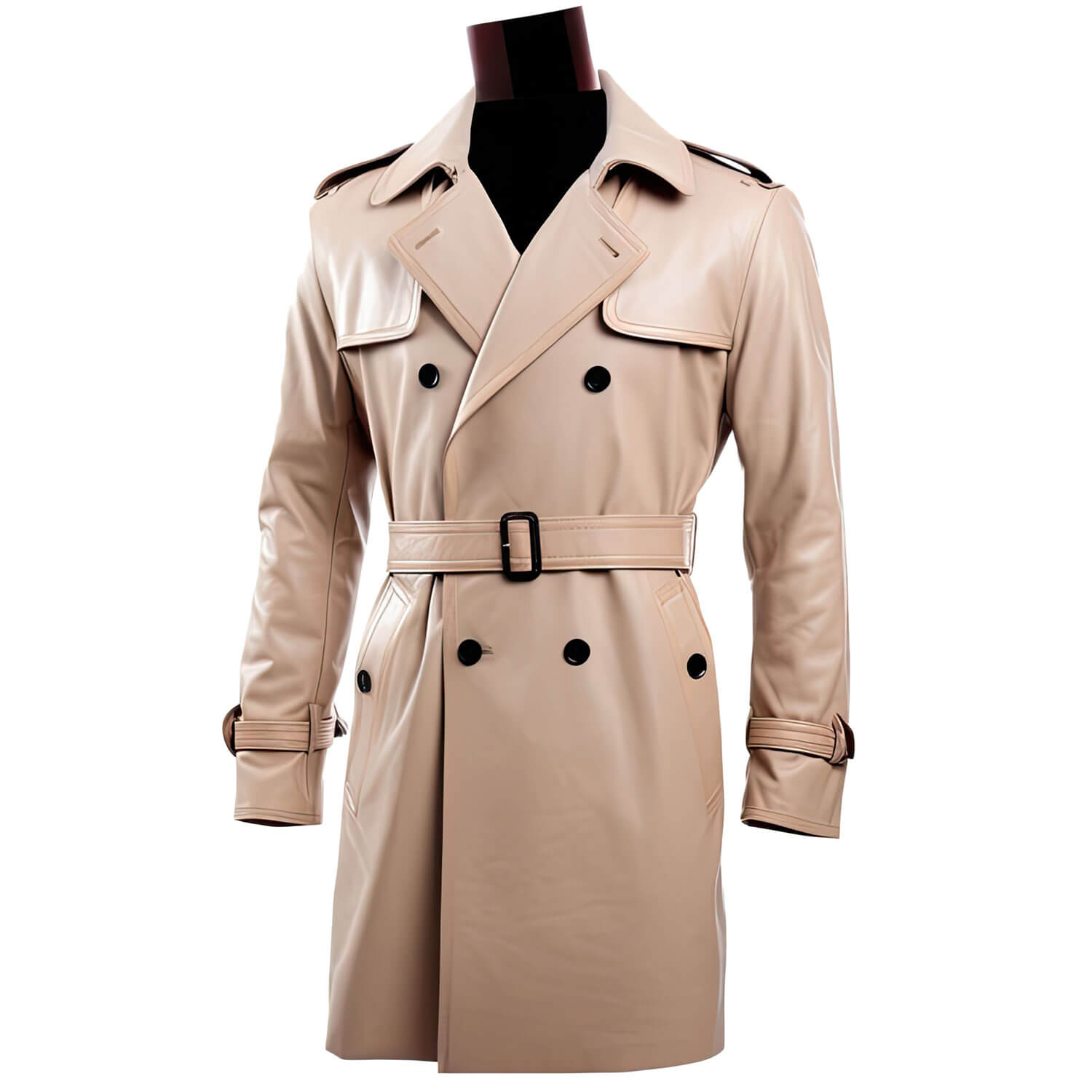 Men's Beige Genuine Sheepskin Notch Lapel Collar Casual Classy Office Outerwear Double Breasted Fashionable Leather Trench Coat - Front View - PRINDA
