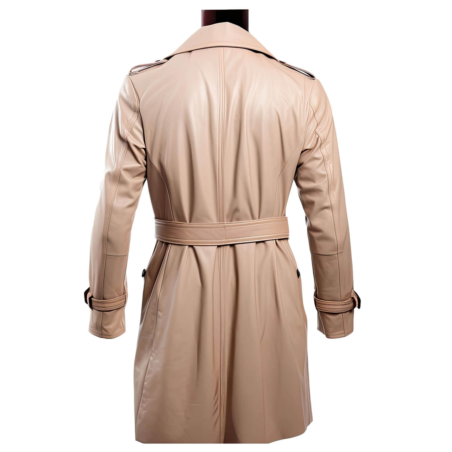 Men's Beige Genuine Sheepskin Notch Lapel Collar Casual Classy Office Outerwear Double Breasted Fashionable Leather Trench Coat - Back View - PRINDA