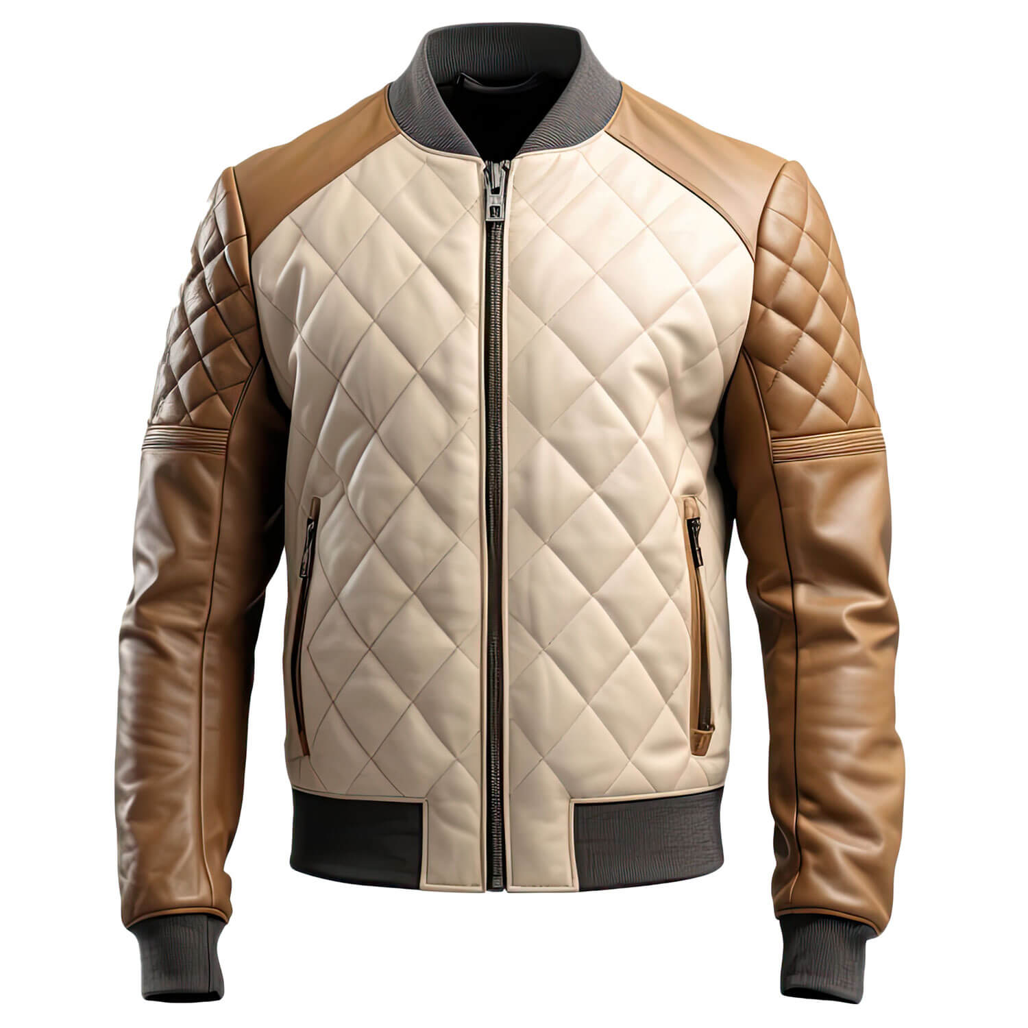 Men's Brown Beige Genuine Sheepskin Baseball Collar Classy Casual Sporty Scooter Diamond Quilted Bomber Leather Jacket - Front View - PRINDA