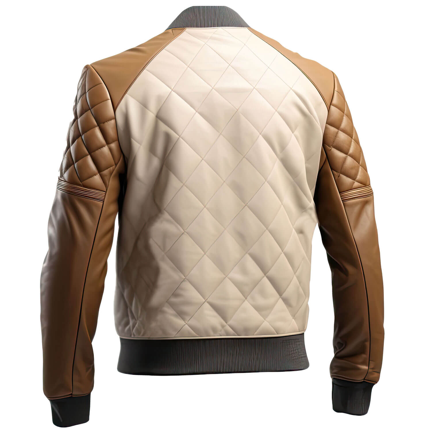 Men's Brown Beige Genuine Sheepskin Baseball Collar Classy Casual Sporty Scooter Diamond Quilted Bomber Leather Jacket - Back View - PRINDA
