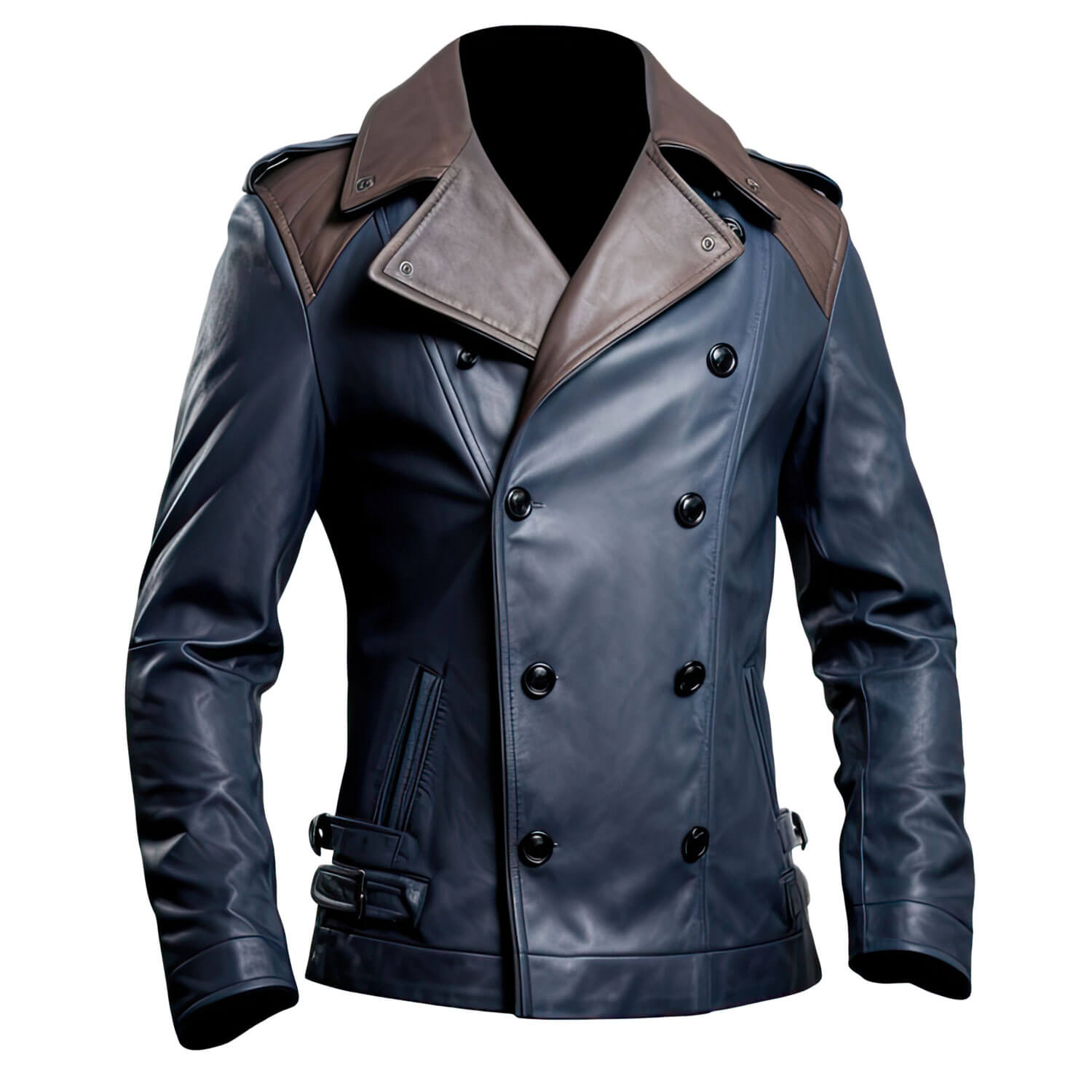 Men's Navy Blue Brown Genuine Sheepskin Notch Lapel Collar Classy Smooth Outfit Double Breasted Leather Trench Coat - Front View - PRINDA