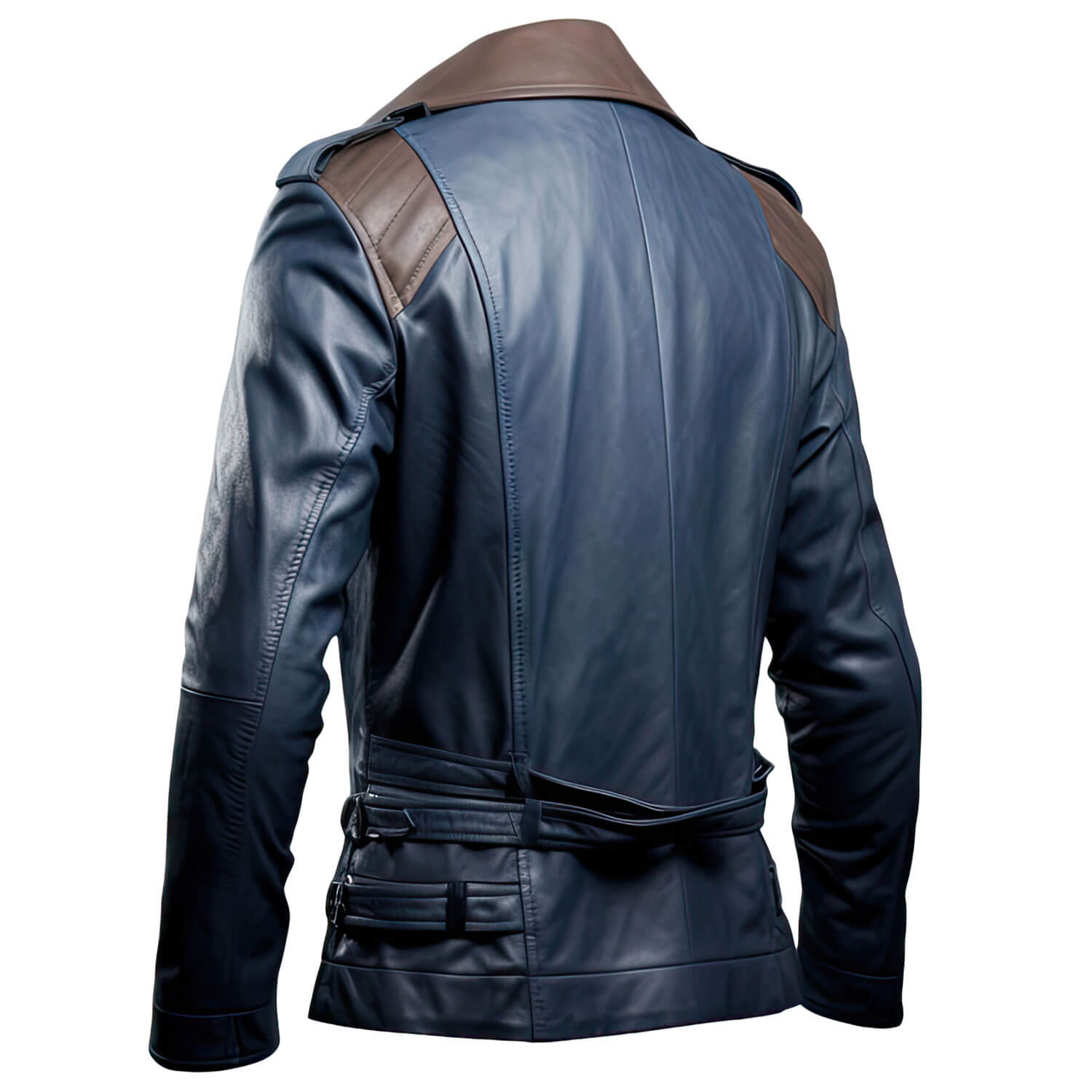 Men's Navy Blue Brown Genuine Sheepskin Notch Lapel Collar Classy Smooth Outfit Double Breasted Leather Trench Coat - Back View - PRINDA