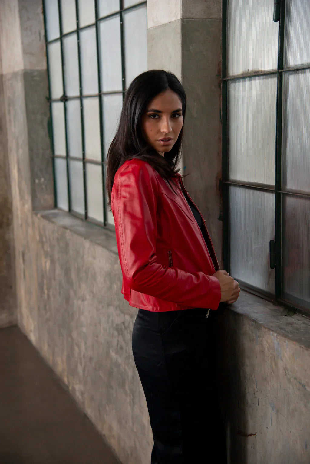 Red Biker Leather Jacket For Women's