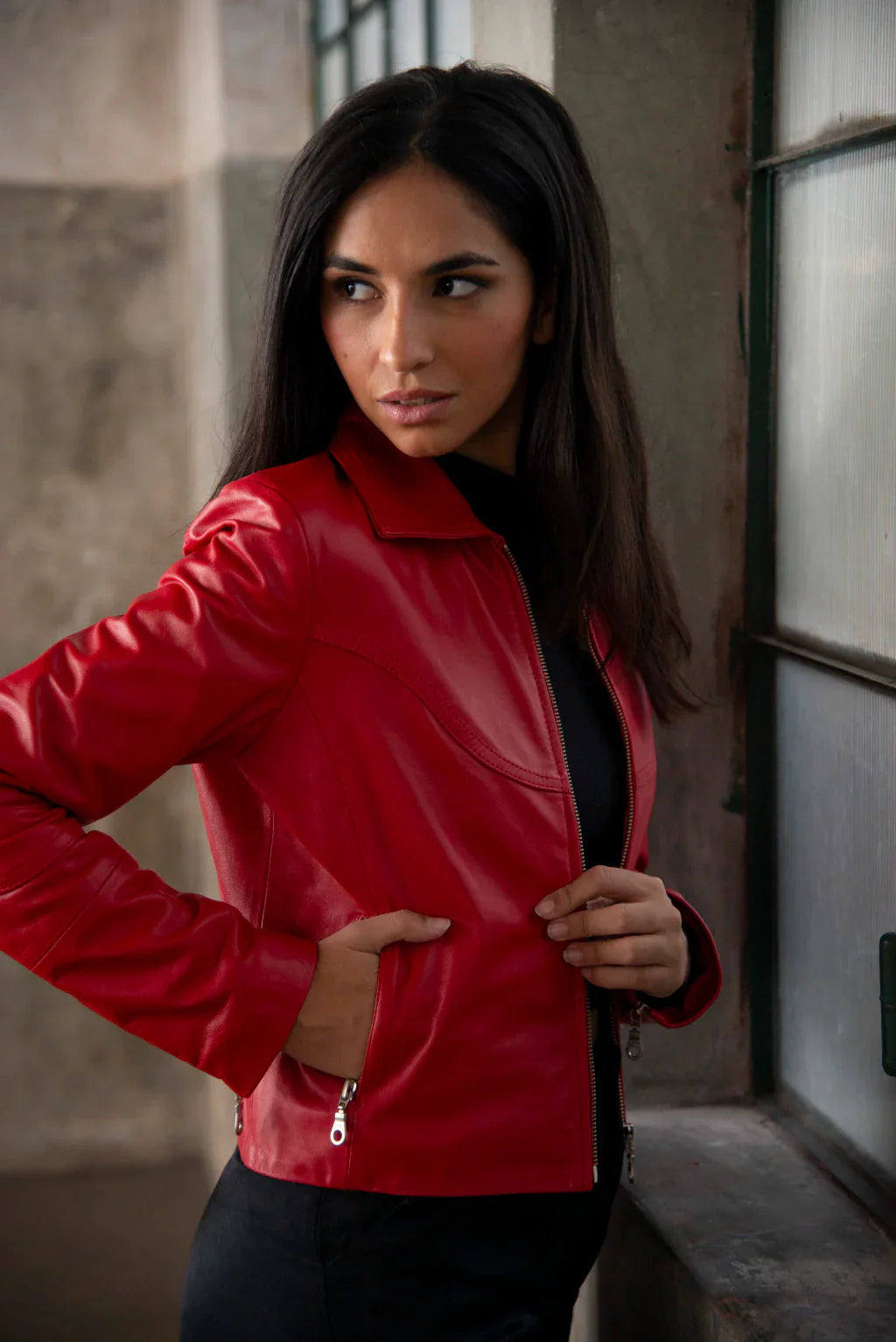 Red Biker Leather Jacket For Women's