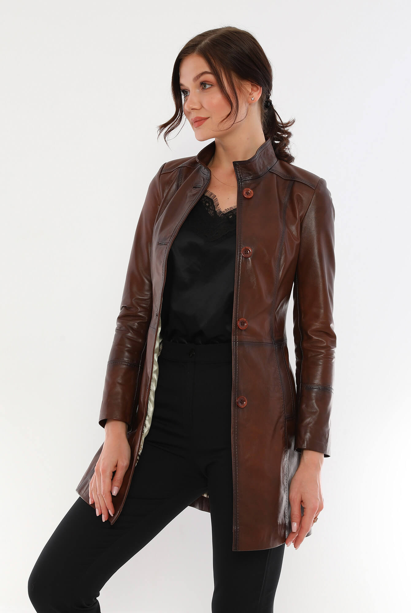PRINDA Brown Premium Leather Trench Coat For Women