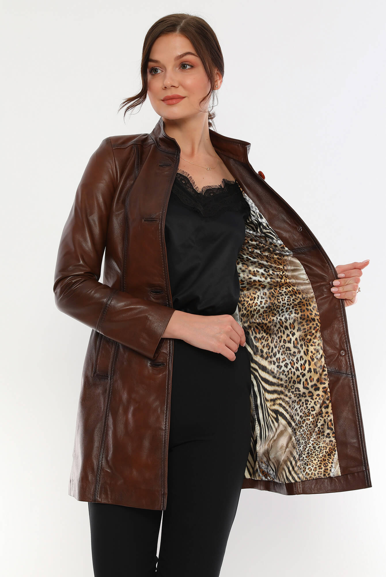 PRINDA Brown Premium Leather Trench Coat For Women