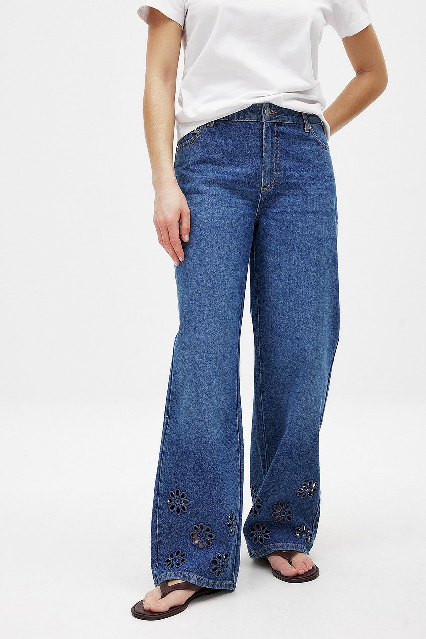 Women Flower Cut Out Mid Waist Jeans – Floral Cutout Denim, Mid-Rise Street Style | PRINDA