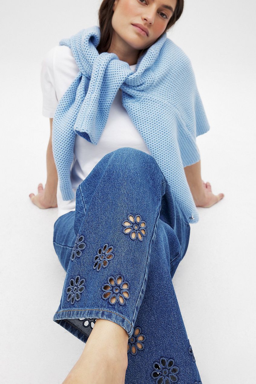 Women Flower Cut Out Mid Waist Jeans – Floral Cutout Denim, Mid-Rise Street Style | PRINDA