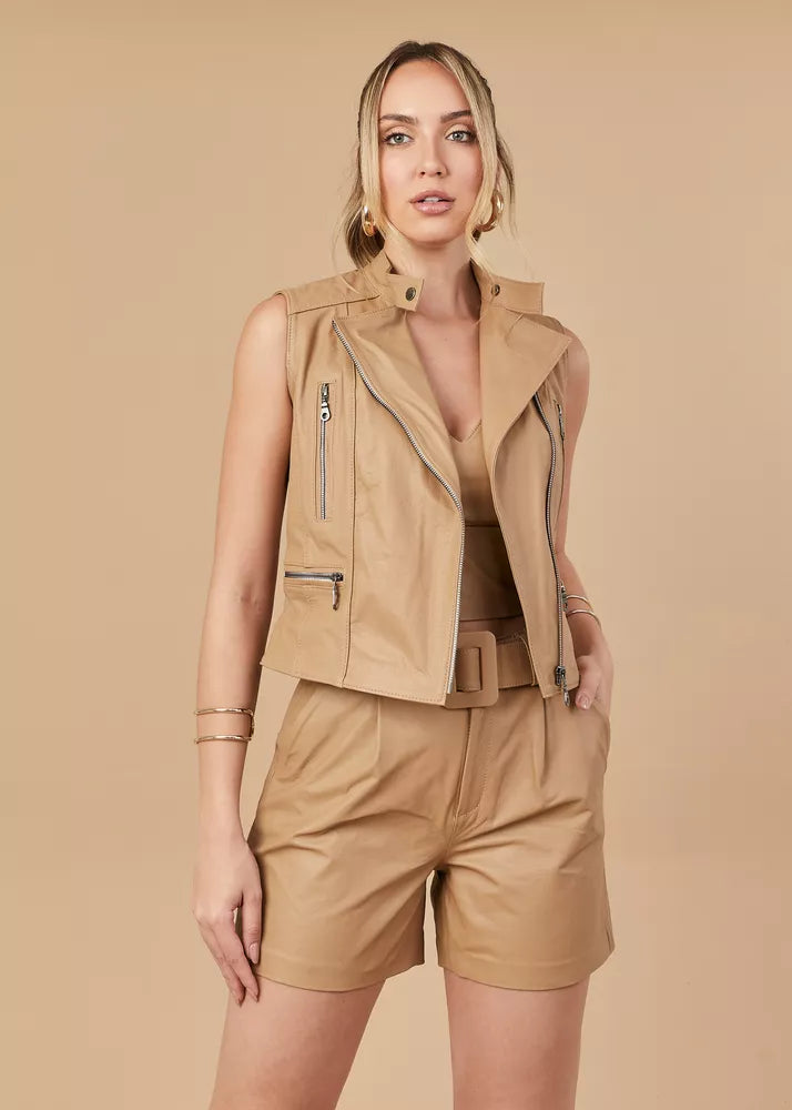 PRINDA Taupe Women's Biker Genuine Leather Vest