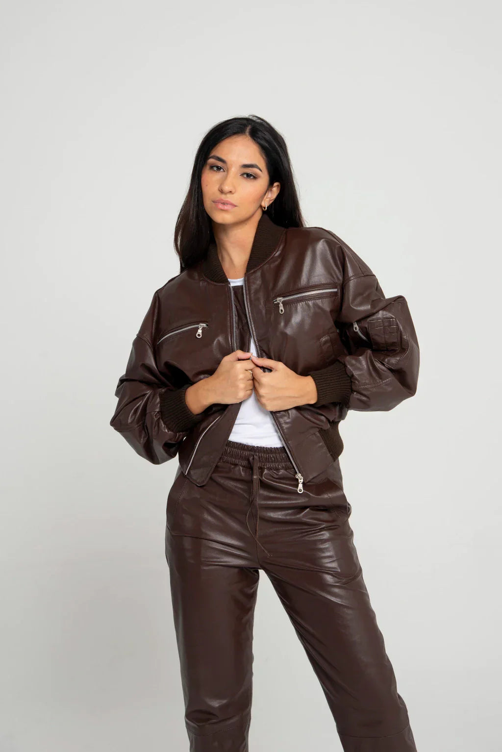 PRINDA Brown Women Bomber Leather Jacket