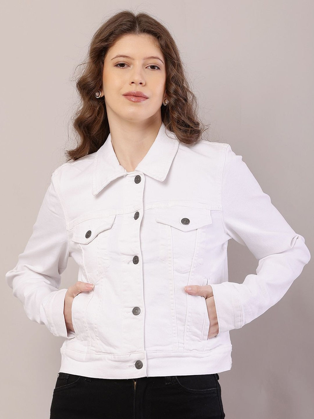 Women Spread Collar Solid Cotton Casual Denim Jacket – Stylish Everyday Outerwear for Pakistani Women | PARINDA