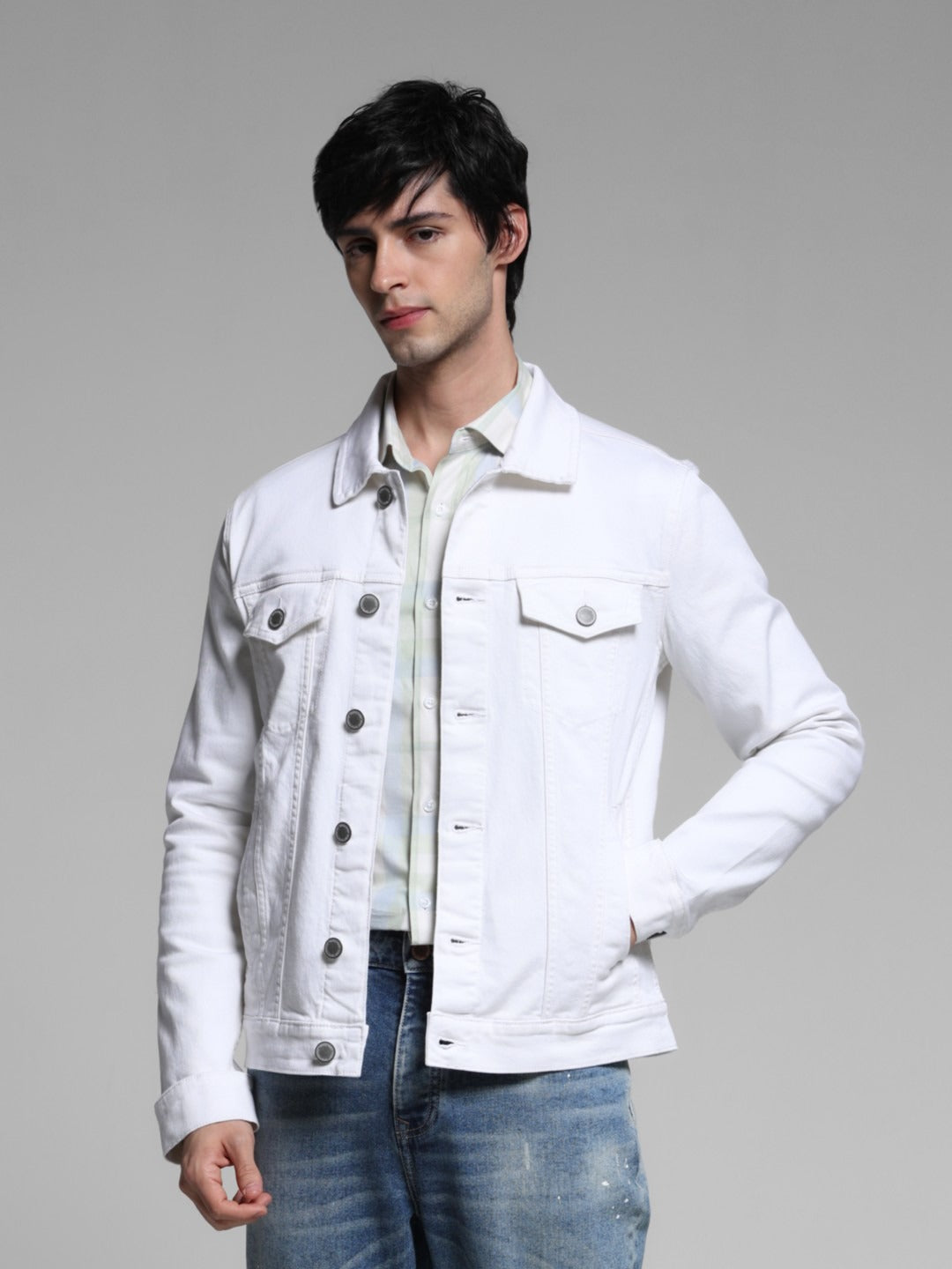 Men Spread Collar Solid Cotton Casual Denim Jacket by PARINDA – Breathable Style for Pakistani Weather