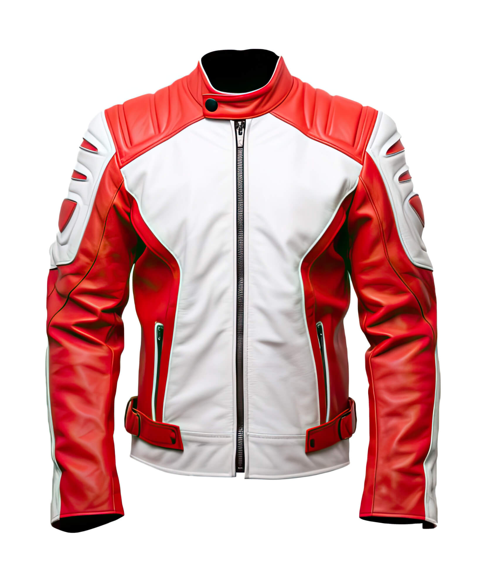 Men's Red White Genuine Sheepskin Stand Collar Zip-Up Elegant Winter Lightweight Punk Biker Scooter Leather Jacket - Front View - PRINDA