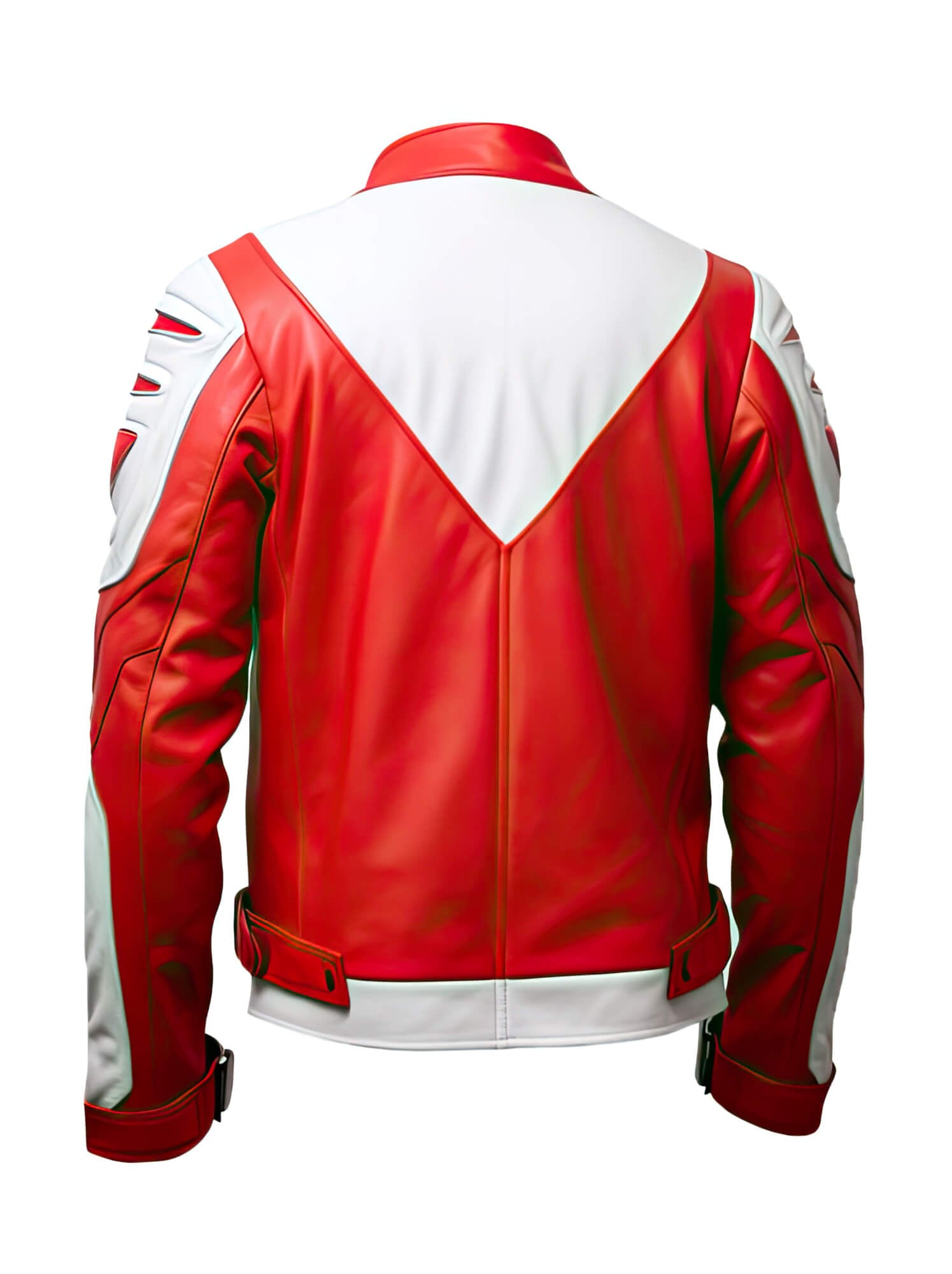Men's Red White Genuine Sheepskin Stand Collar Zip-Up Elegant Winter Lightweight Punk Biker Scooter Leather Jacket - Back View - PRINDA