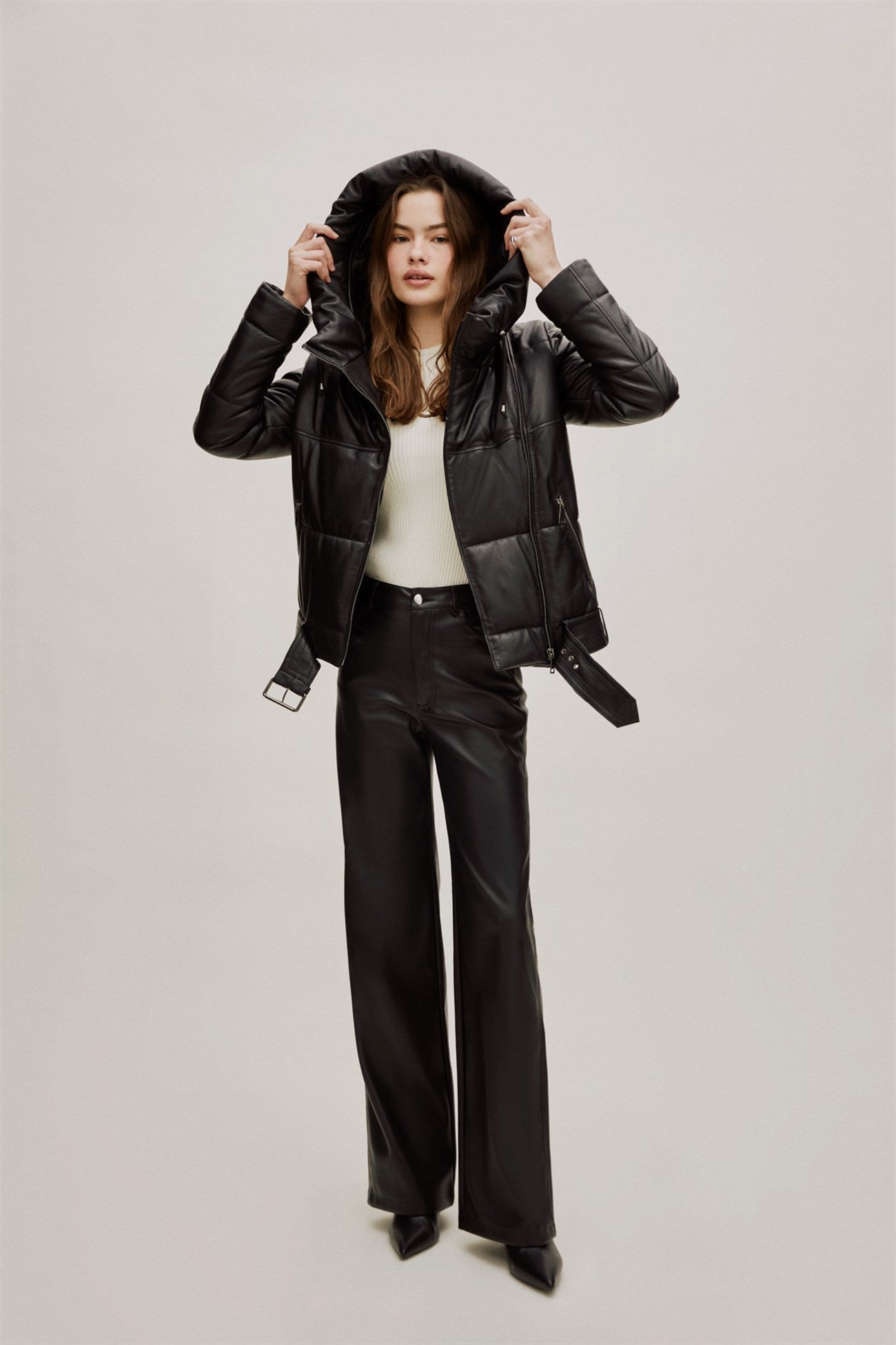 Puffer Black Leather Jacket For Women