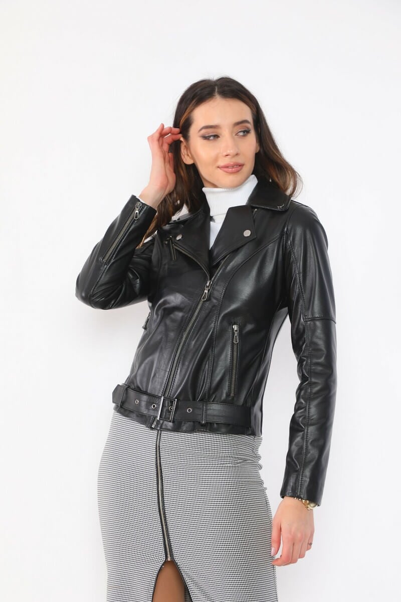 Stefania Black Biker Leather Jacket For Women