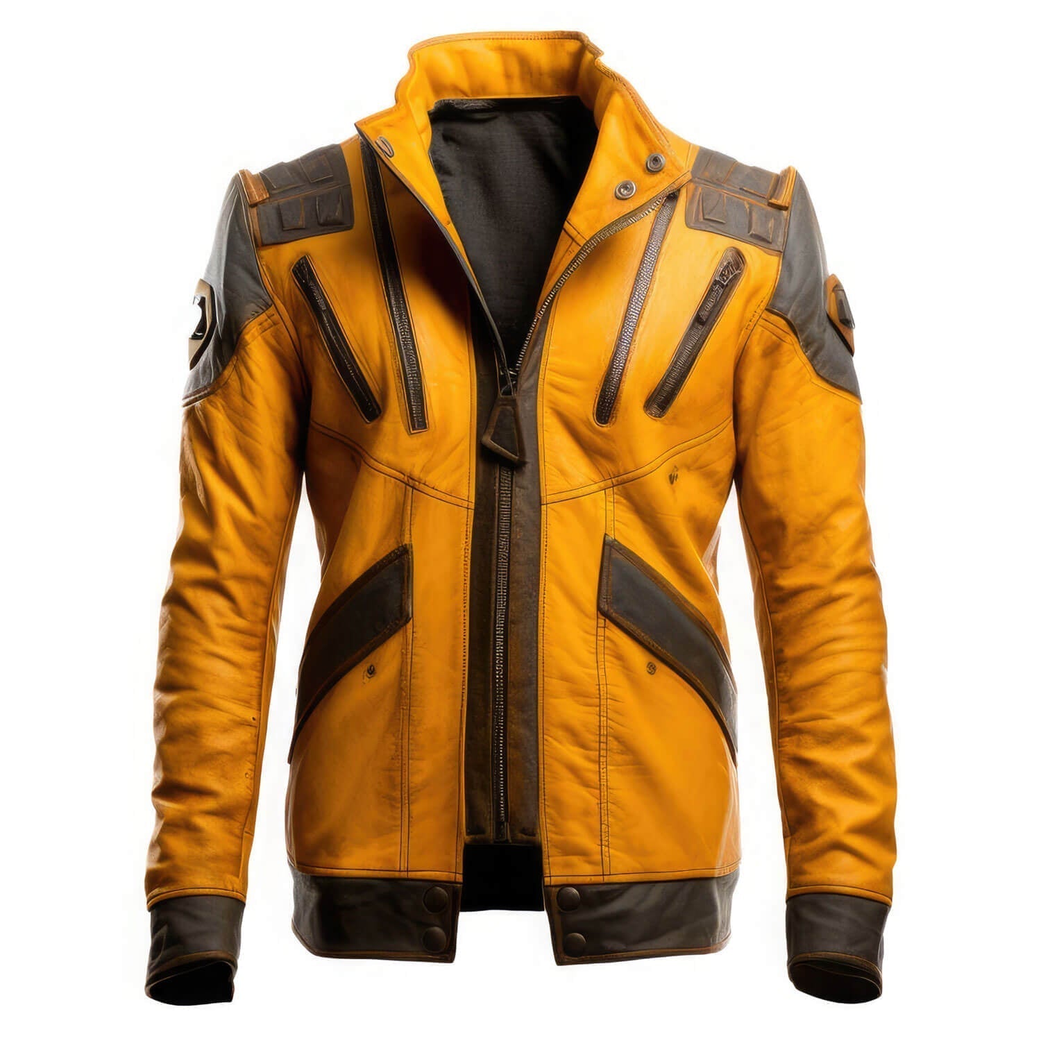 Men's Brown Mustard Yellow Genuine Sheepskin Stand Collar Vintage Outerwear Winter Warm Military Style Leather Jacket - Front View - PRINDA