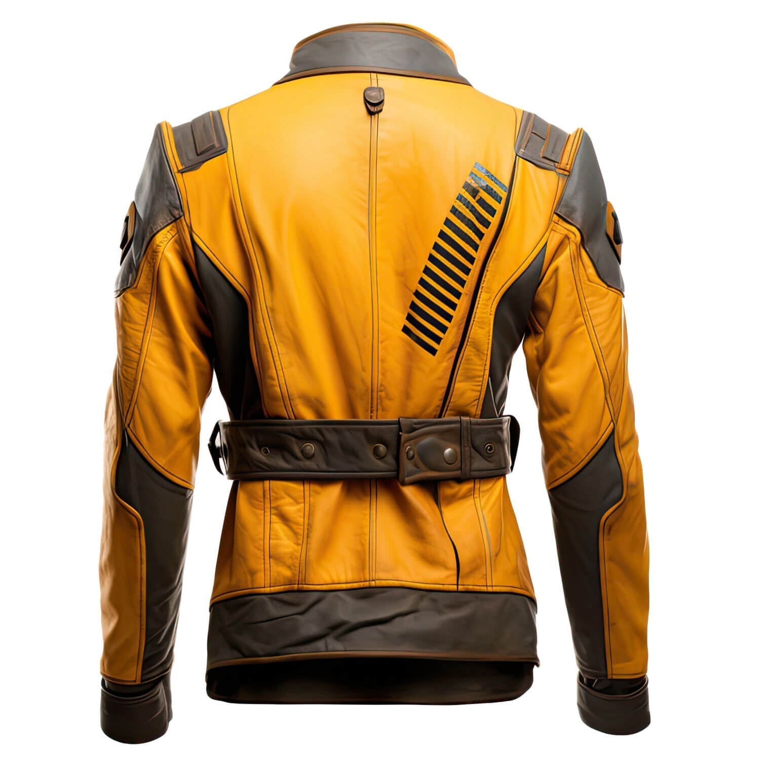 Men's Brown Mustard Yellow Genuine Sheepskin Stand Collar Vintage Outerwear Winter Warm Military Style Leather Jacket - Back View - PRINDA