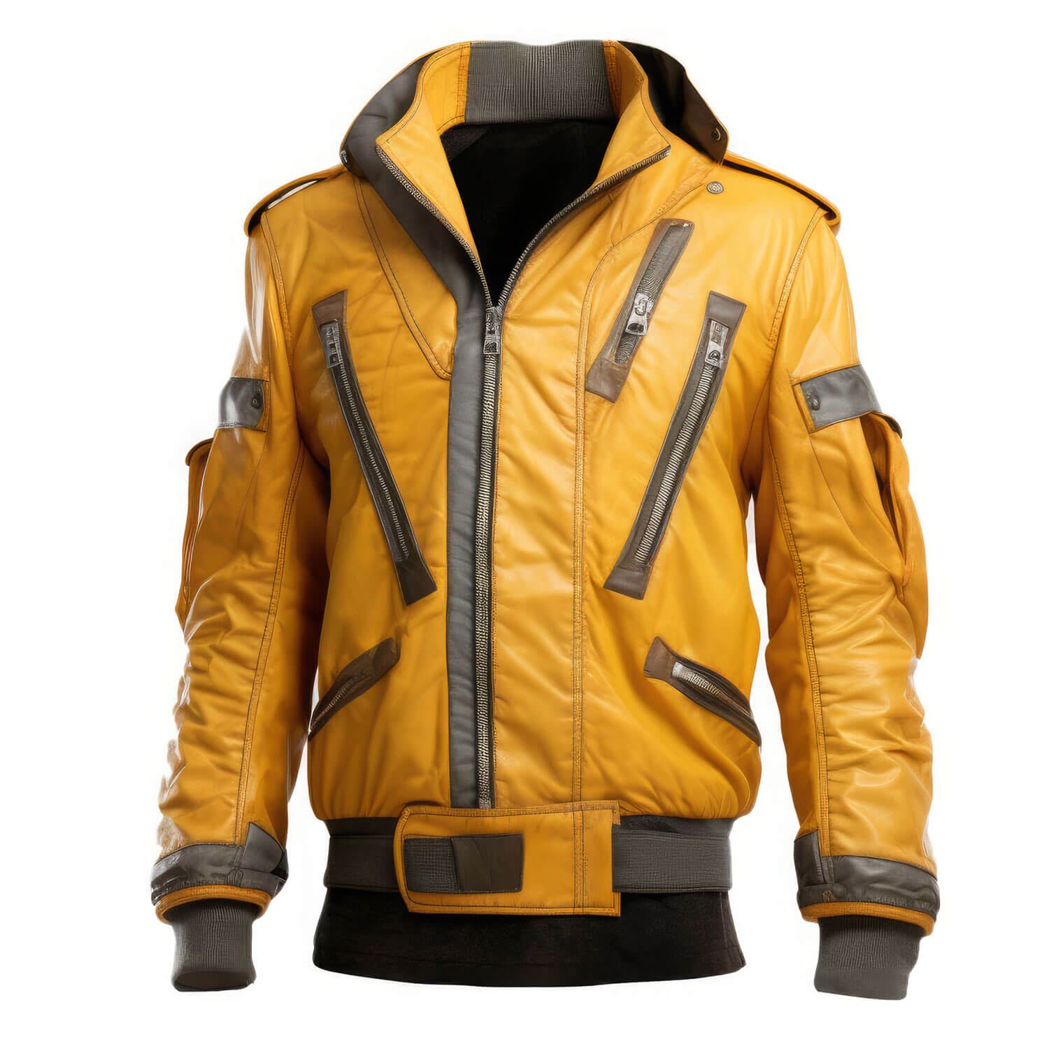 Men's Mustard Yellow Grey Genuine Sheepskin Stand Collar Baggy Style Miliary Style Multi-Zippered Bomber Leather Jacket - Front View - PRINDA