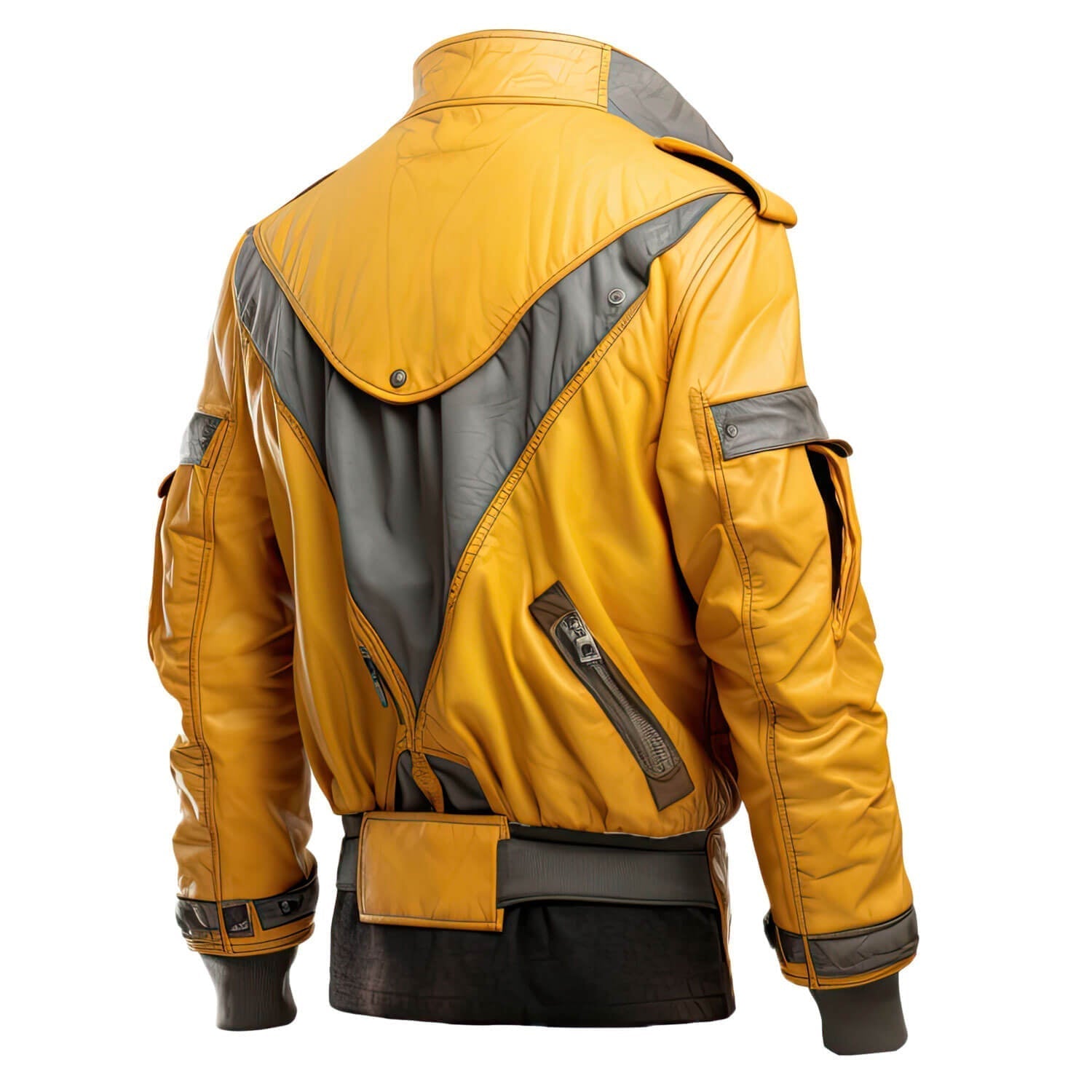 Men's Mustard Yellow Grey Genuine Sheepskin Stand Collar Baggy Style Miliary Style Multi-Zippered Bomber Leather Jacket - Back View - PRINDA