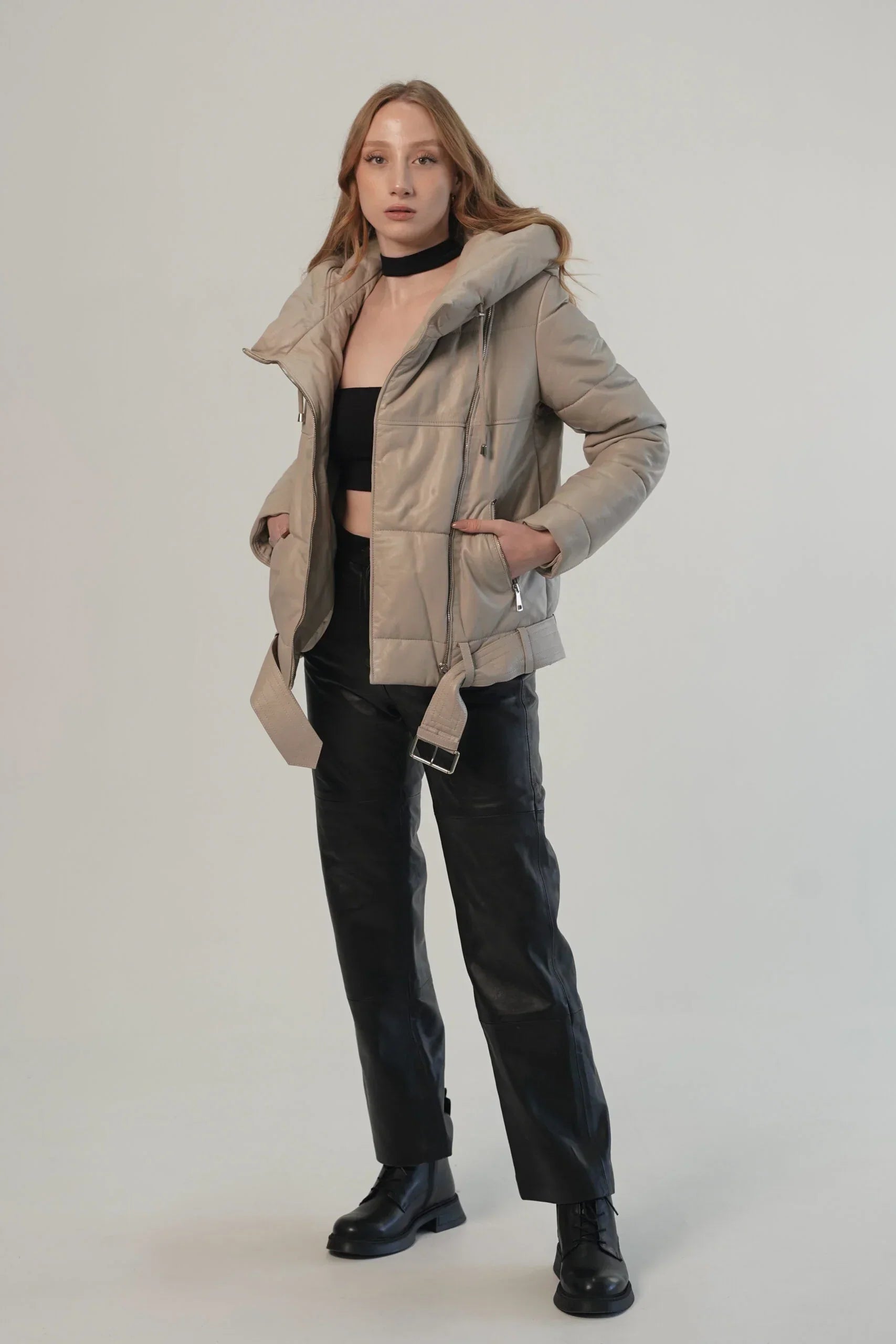 PRINDA Puffer Beige Hood Genuine Leather Jacket