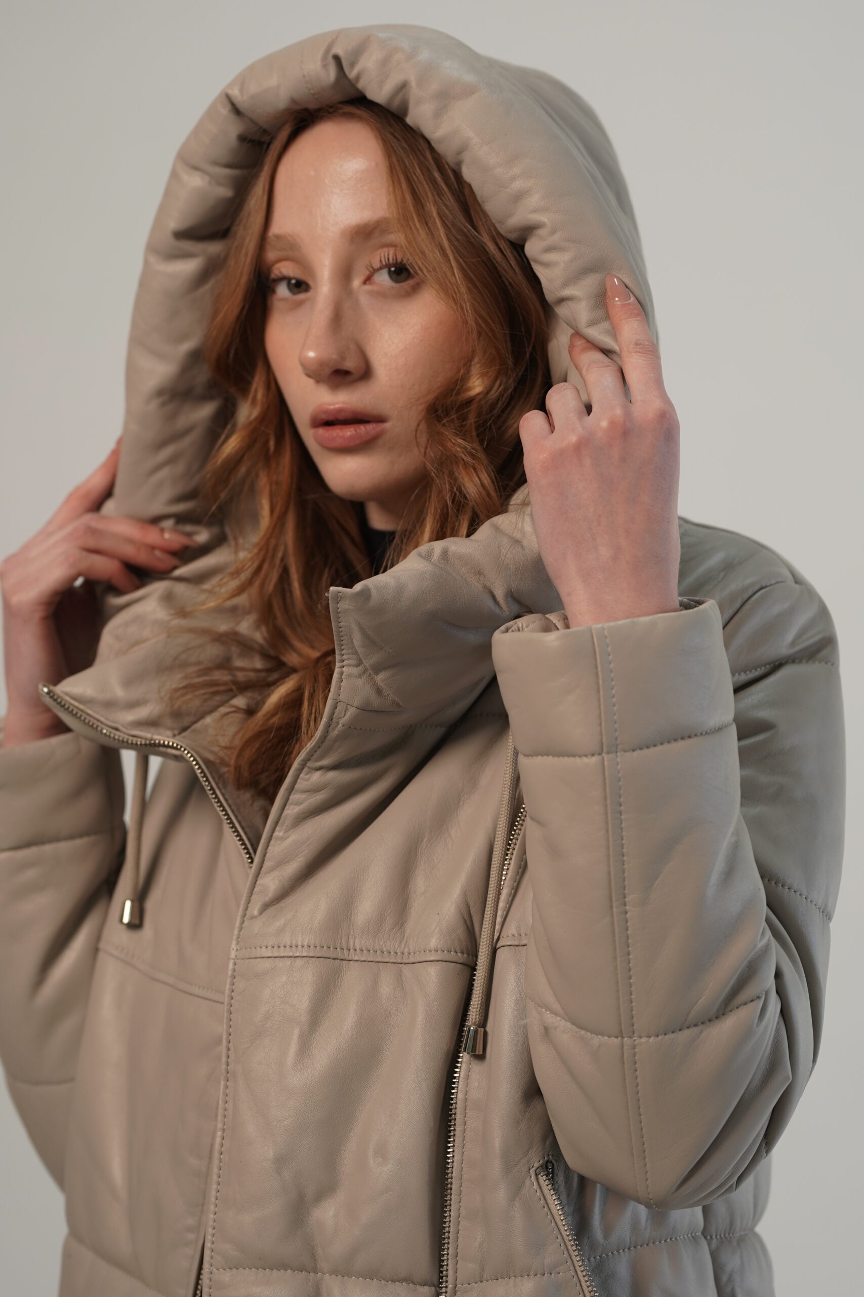 PRINDA Puffer Beige Hood Genuine Leather Jacket