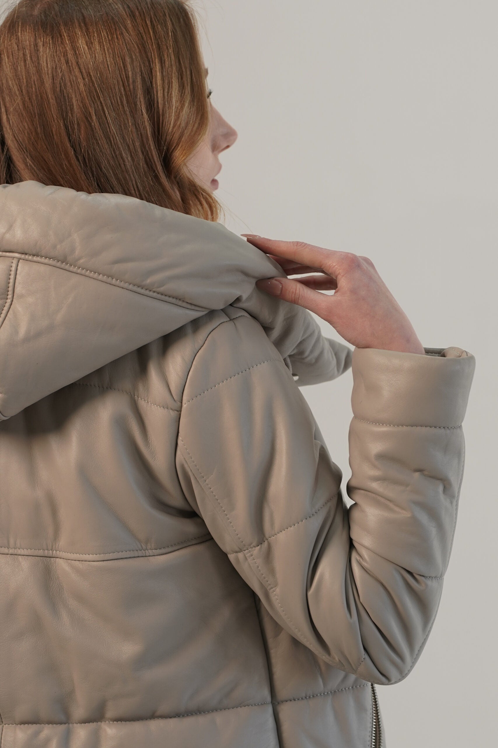 PRINDA Puffer Beige Hood Genuine Leather Jacket